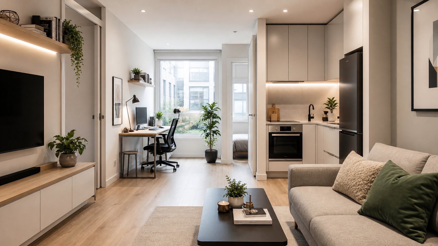 Interior apartemen studio kecil dengan ruang tamu, area kerja, dan dapur yang terintegrasi, pencahayaan alami masuk melalui jendela besar.