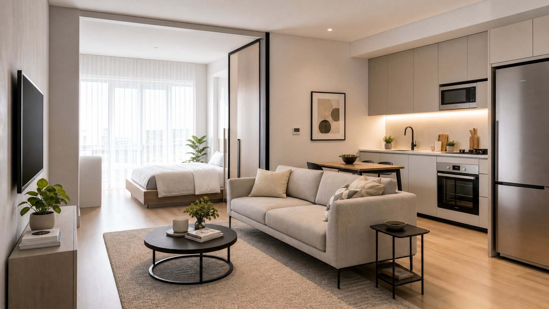 Interior apartemen studio kecil yang rapi dan terang dengan sofa, meja kopi, jendela besar, dan dapur minimalis.