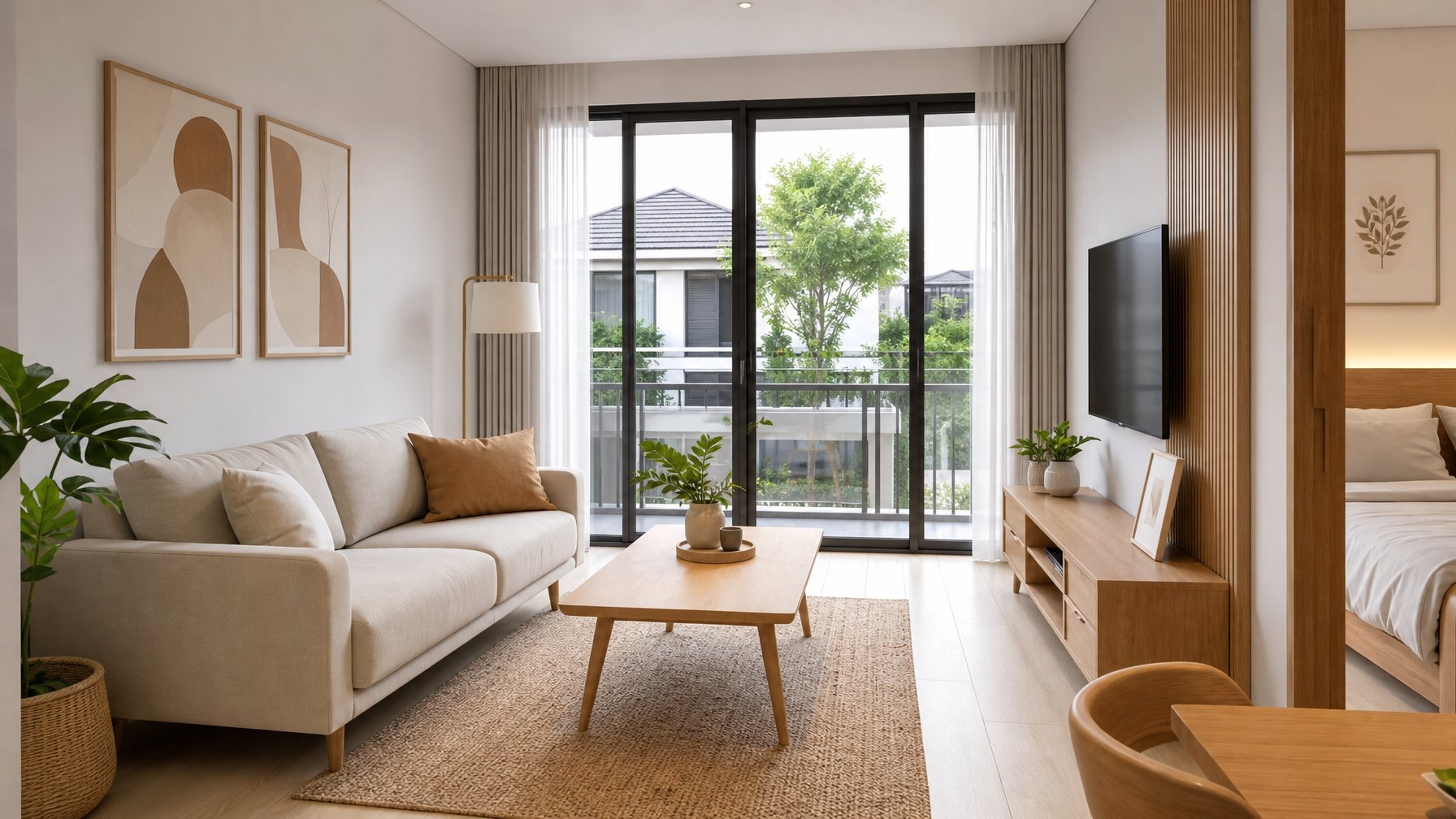 Ruang tamu dengan sofa, meja kayu, tanaman hias, dan jendela besar yang menerangi ruangan.