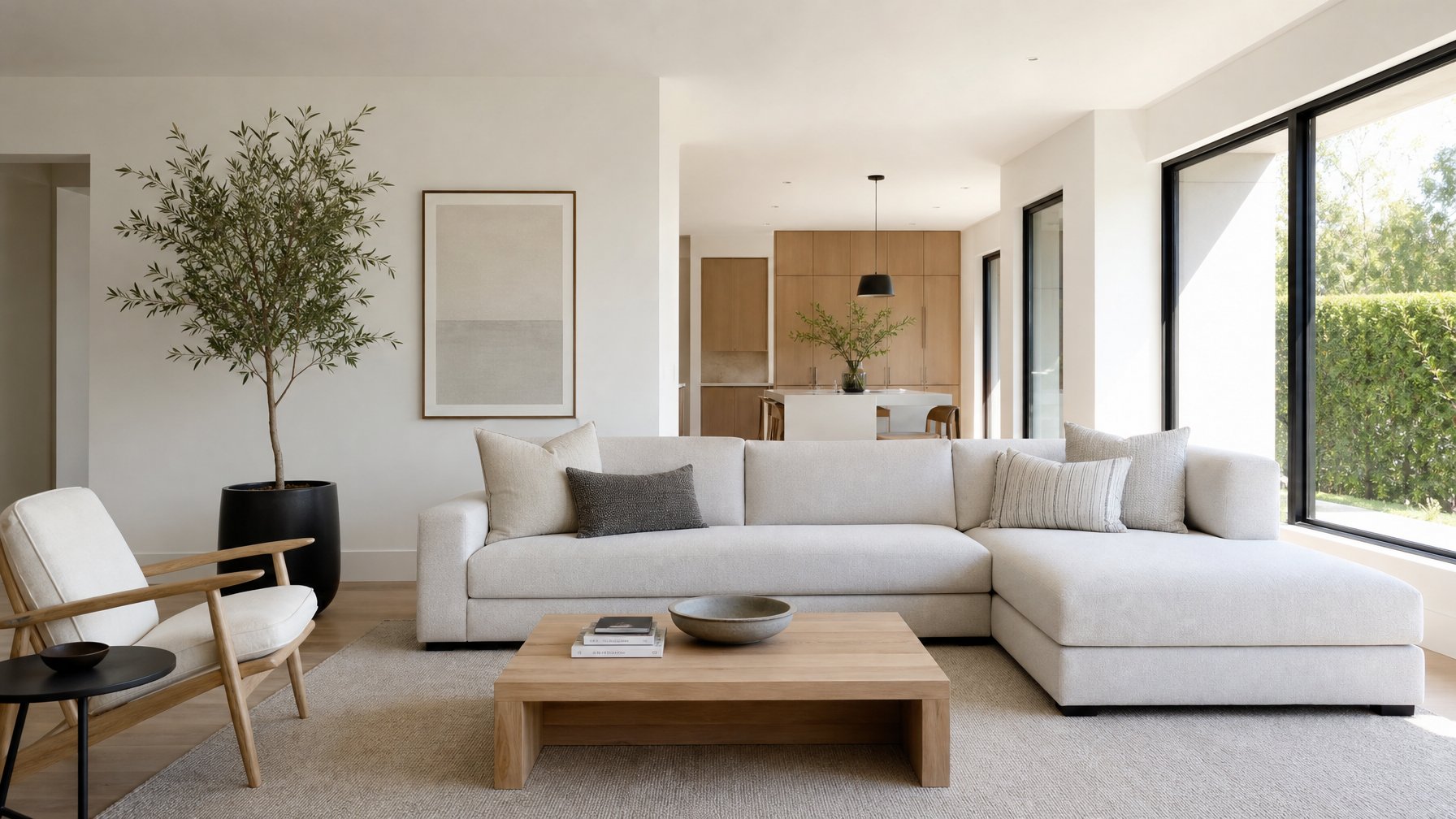 Ruang tamu rumah modern dengan sofa, meja kopi, tanaman hias, dan jendela besar yang menerangi ruangan.