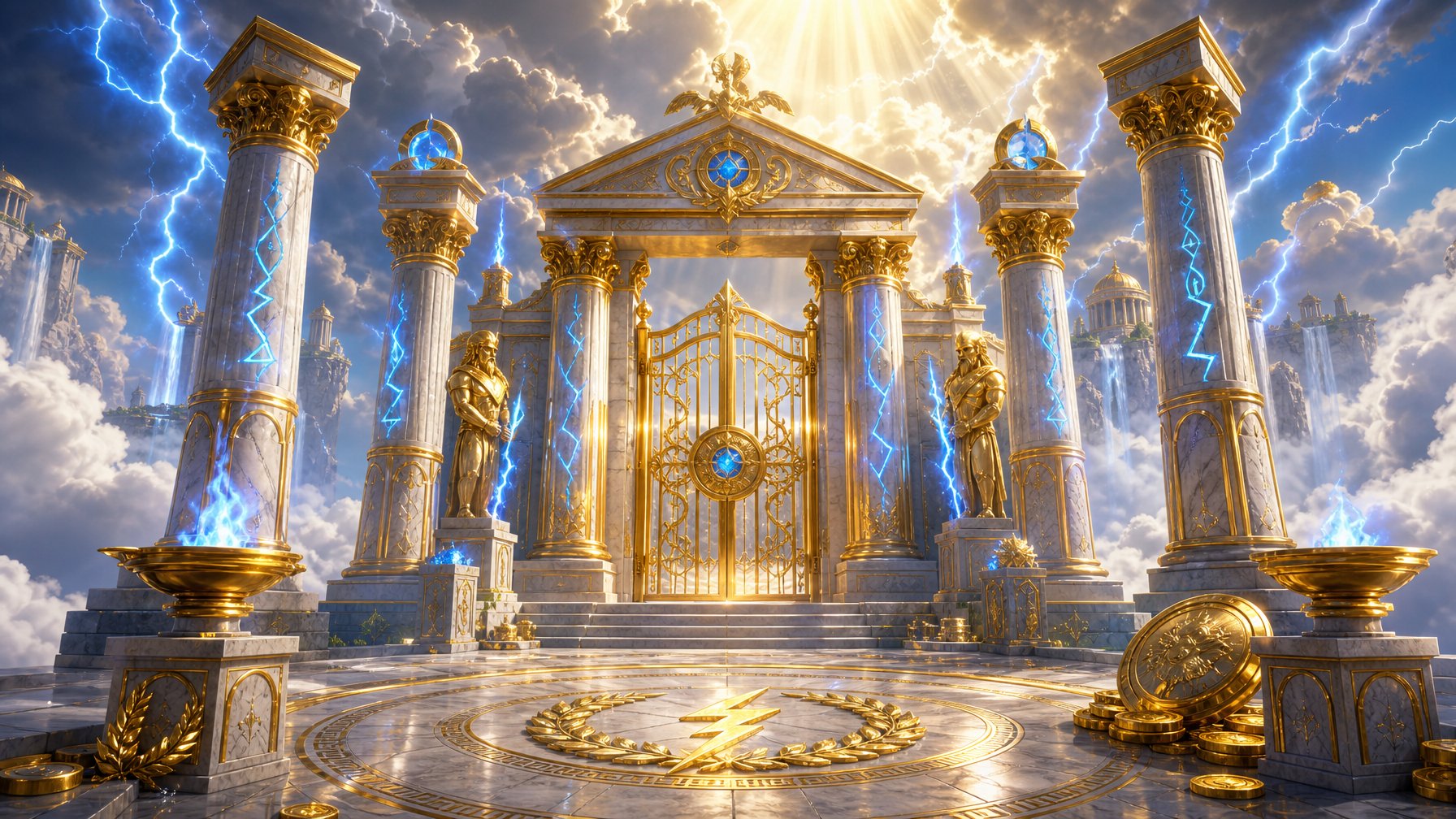 A Grand Ancient Greek Temple Entrance With Tall Marble Pillars, Glowing Runes, And Lightning Bolts Illuminating A Cloudy Sky.