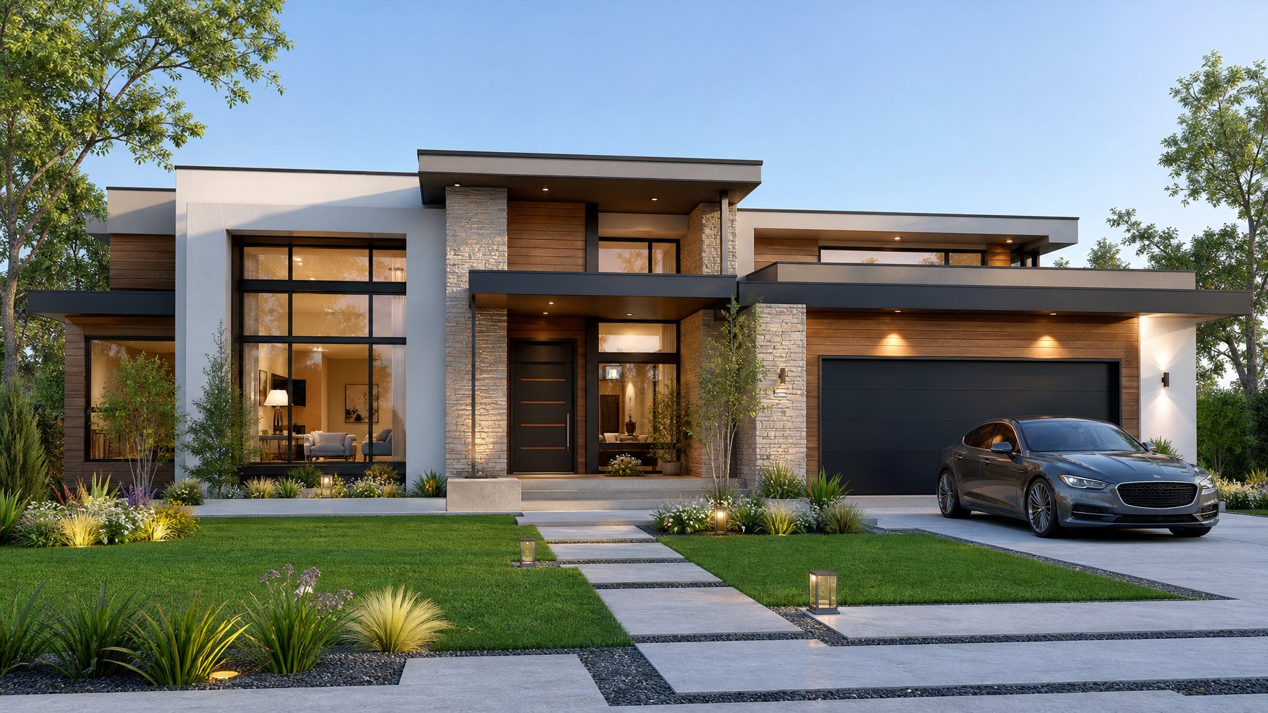 Rumah modern mewah dengan taman depan hijau dan jendela besar di siang hari.