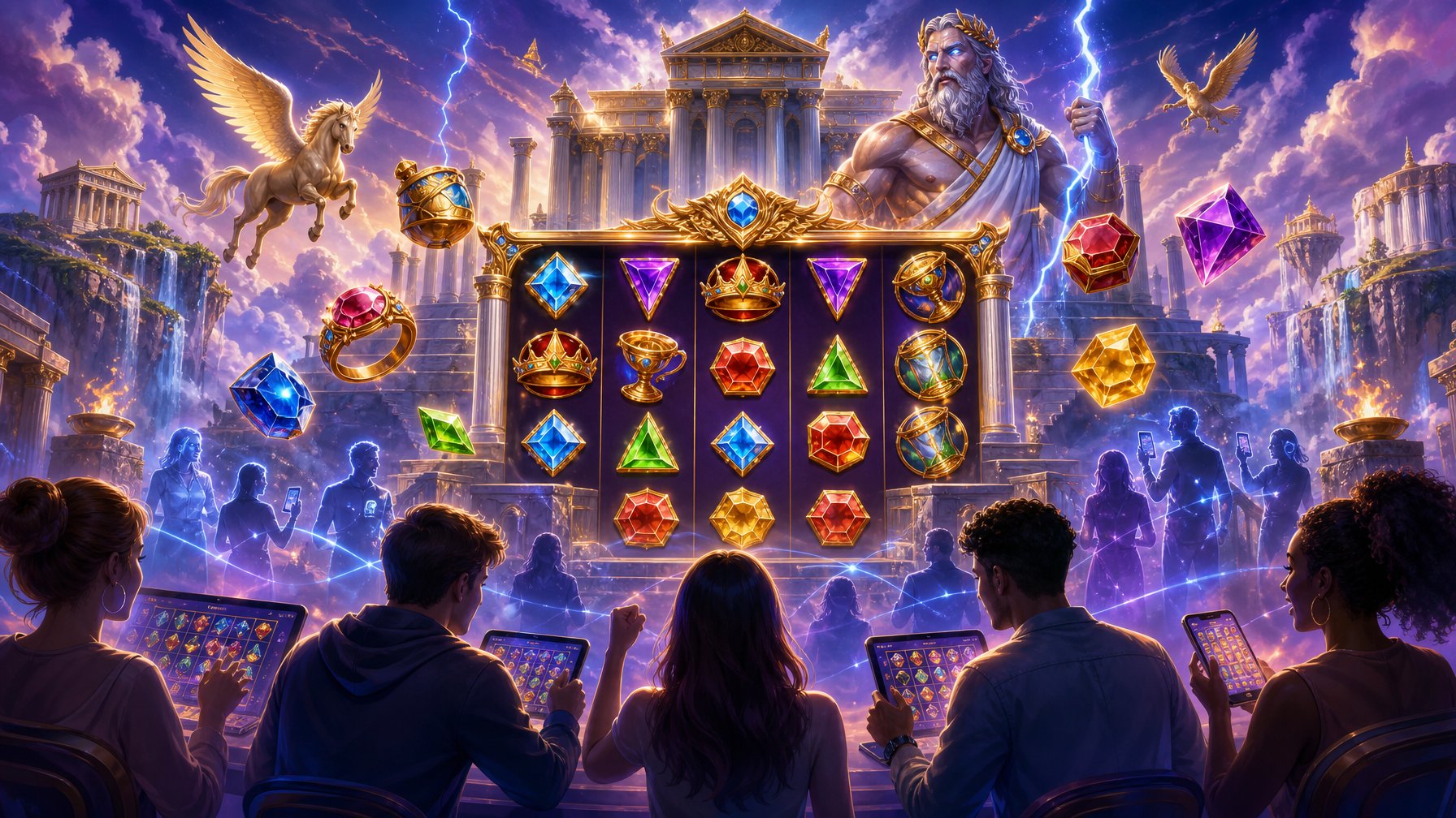 An Ancient Greek Temple With Marble Columns And Golden Details Under A Stormy Sky, Surrounded By Floating Slot Game Symbols And Silhouettes Of People Engaging With A Slot Machine.