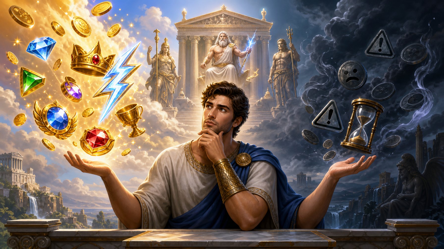 A Person Thoughtfully Evaluating Golden Coins And Slot Symbols On One Side And Dark Clouds On The Other, With An Ancient Greek Temple In The Background.