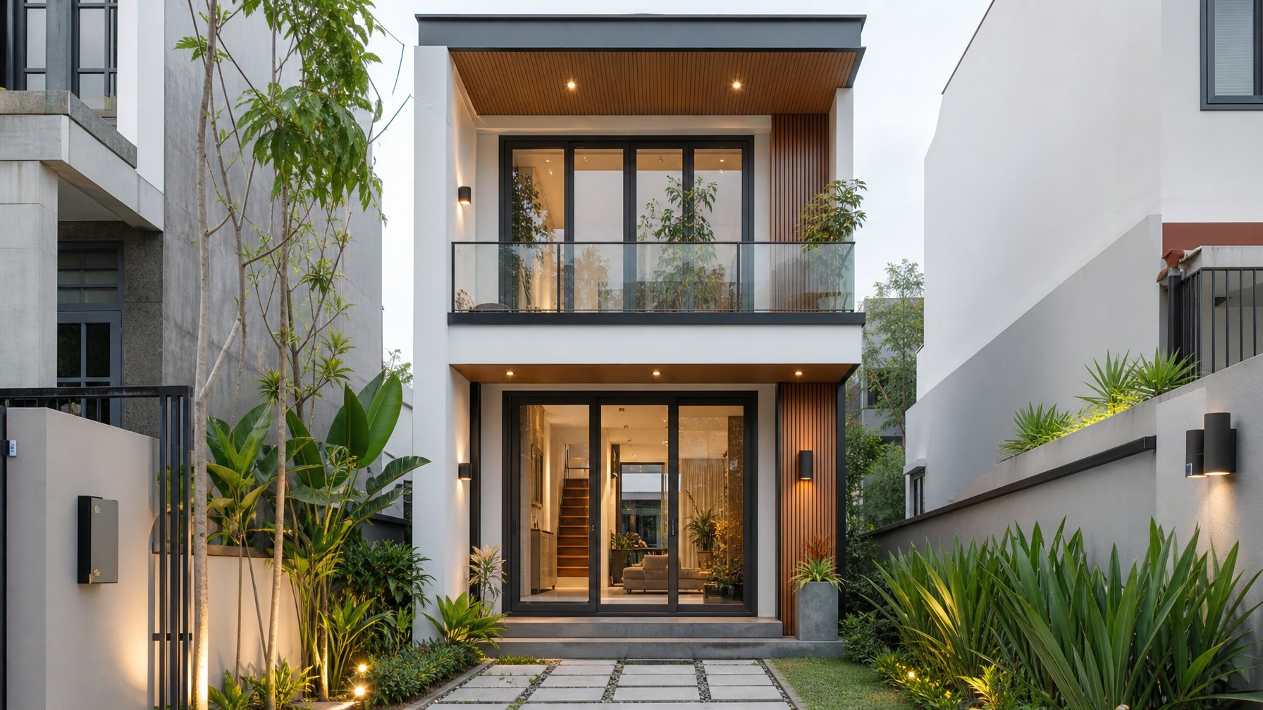 Rumah modern dengan lahan sempit, menampilkan taman kecil dan pintu masuk yang nyaman.