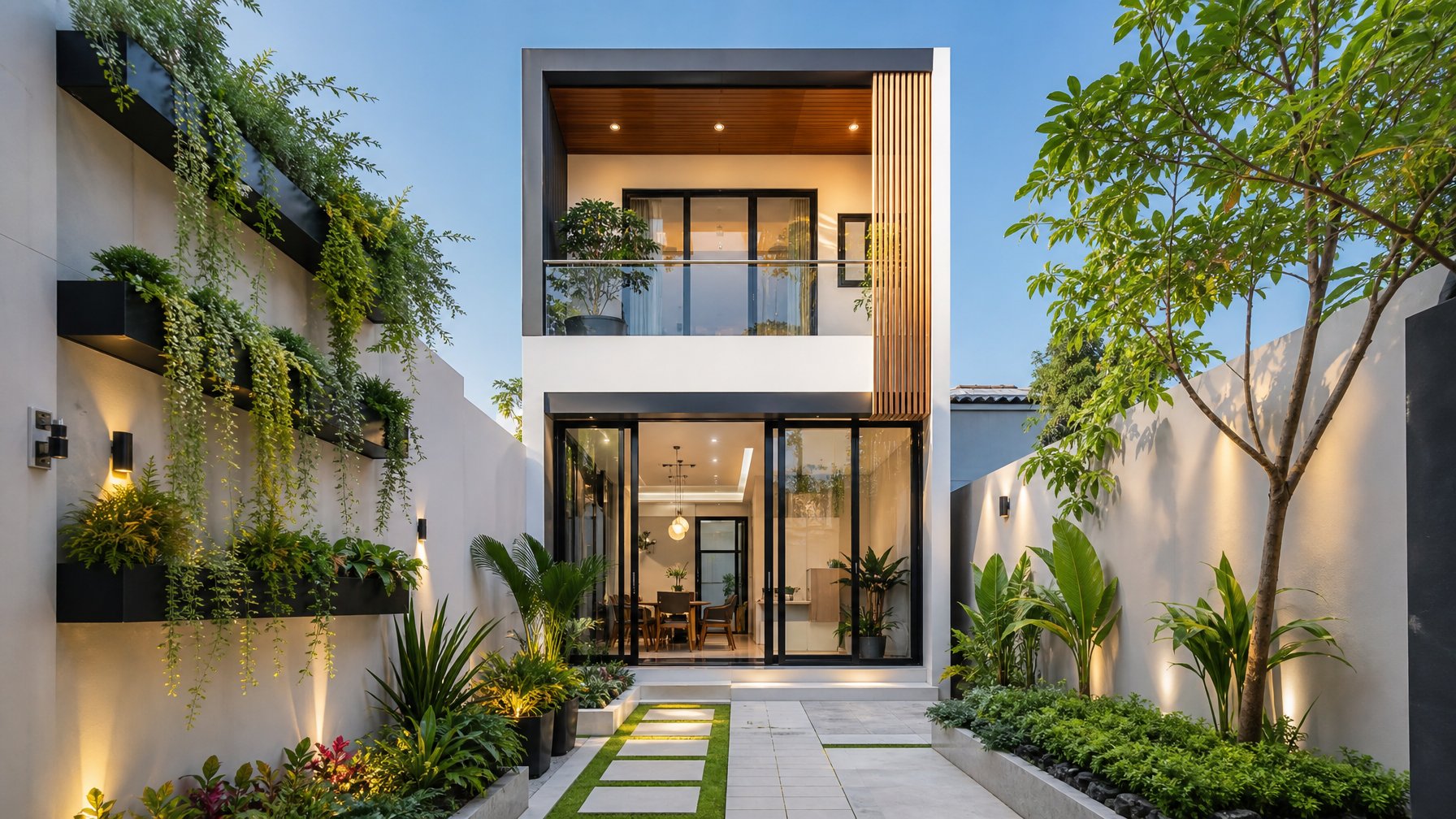Rumah modern di lahan sempit dengan jendela besar dan taman kecil yang rapi.