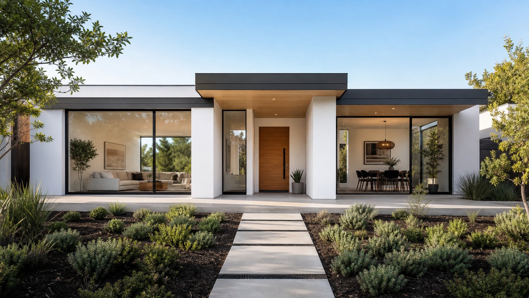 Rumah satu lantai modern dengan jendela besar dan taman depan yang rapi.