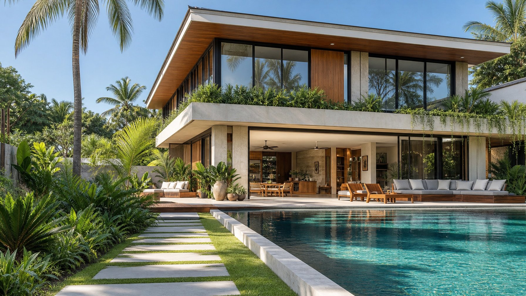 Rumah modern dengan taman tropis dan kolam renang di bawah langit cerah.