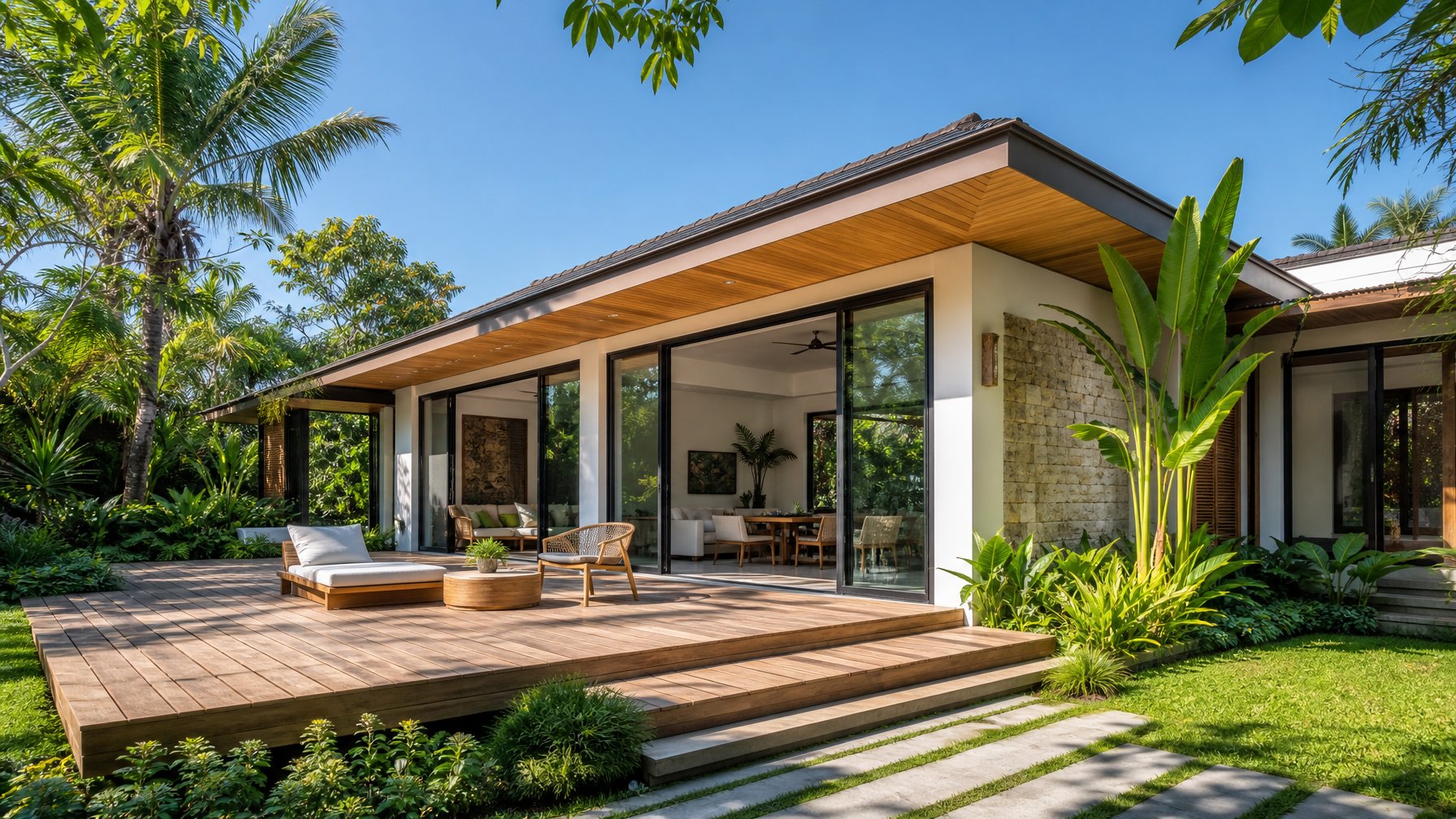 Rumah modern dengan taman tropis yang rimbun dan jendela besar, dikelilingi tanaman hijau dan langit cerah.
