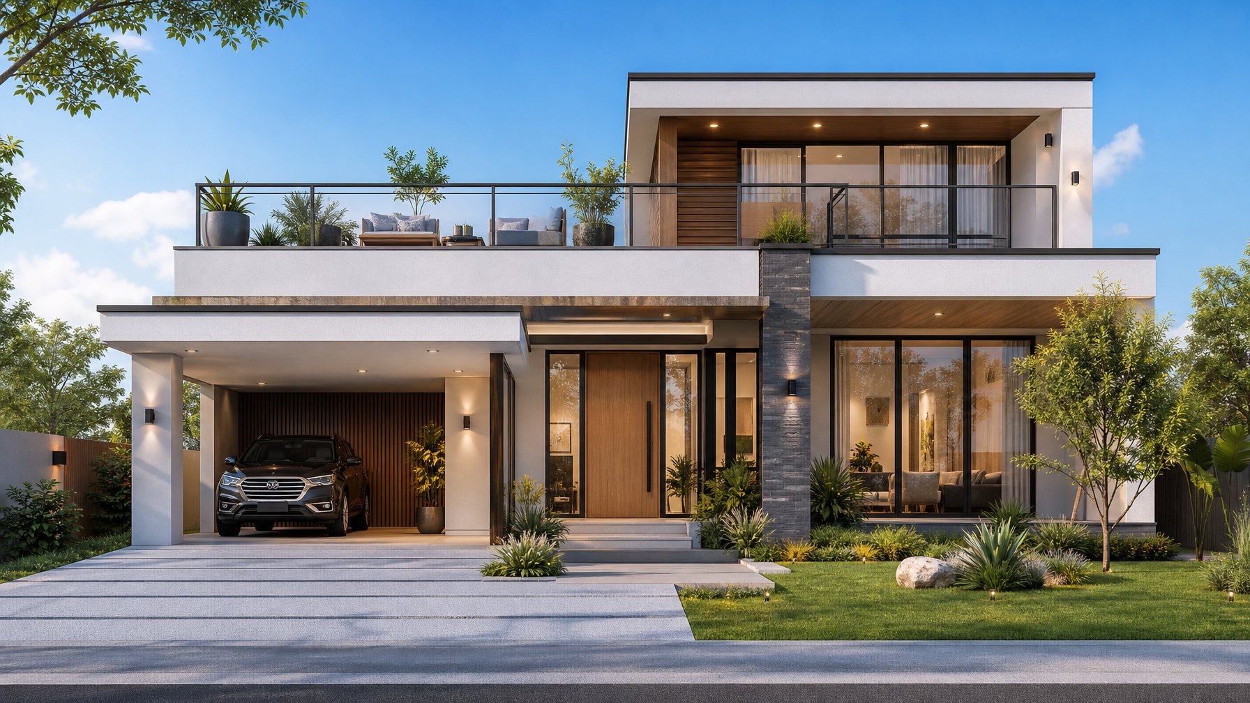 Rumah modern dengan garasi, taman hijau, dan area duduk di atap rumah pada siang hari.