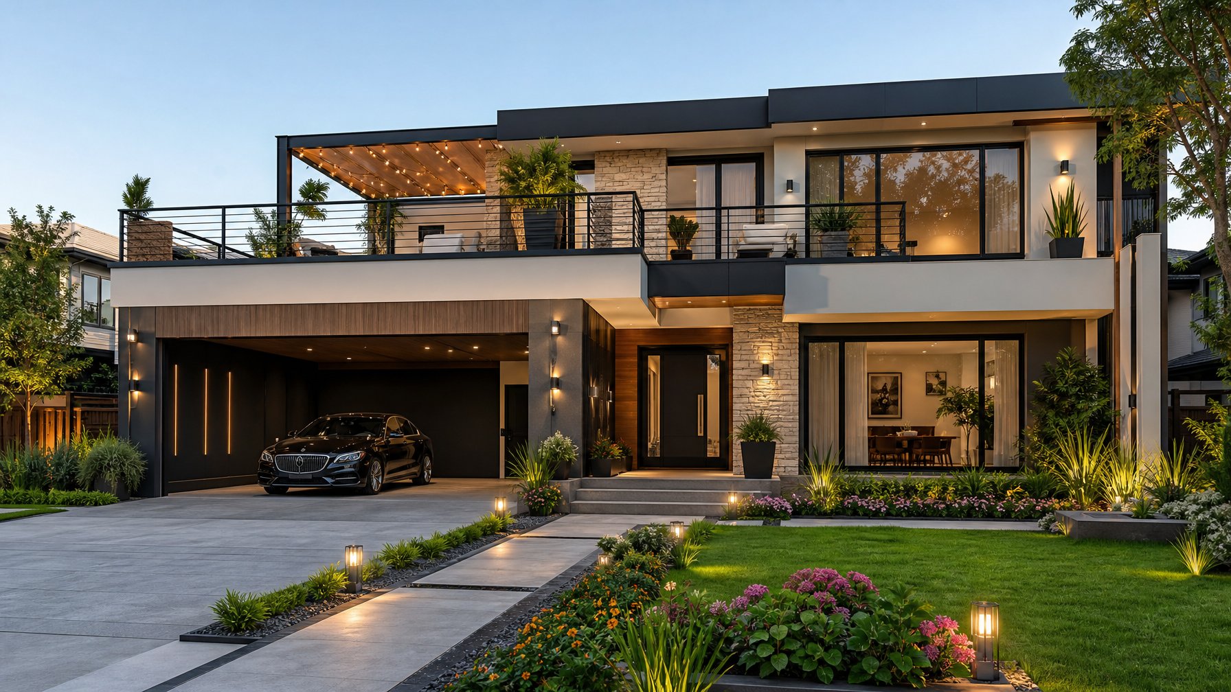 Tampak depan rumah modern dengan garasi, taman hijau, dan teras di atap pada siang hari.