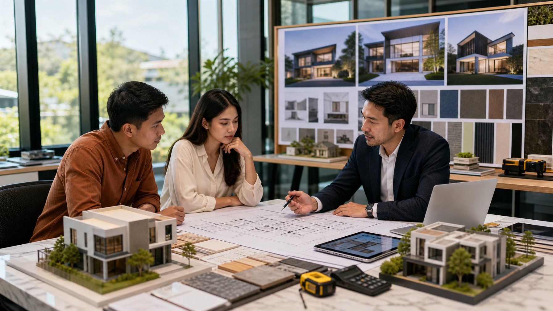 Sekelompok orang berdiskusi di meja dengan rancangan rumah dan model skala di ruang kantor yang terang dan modern.