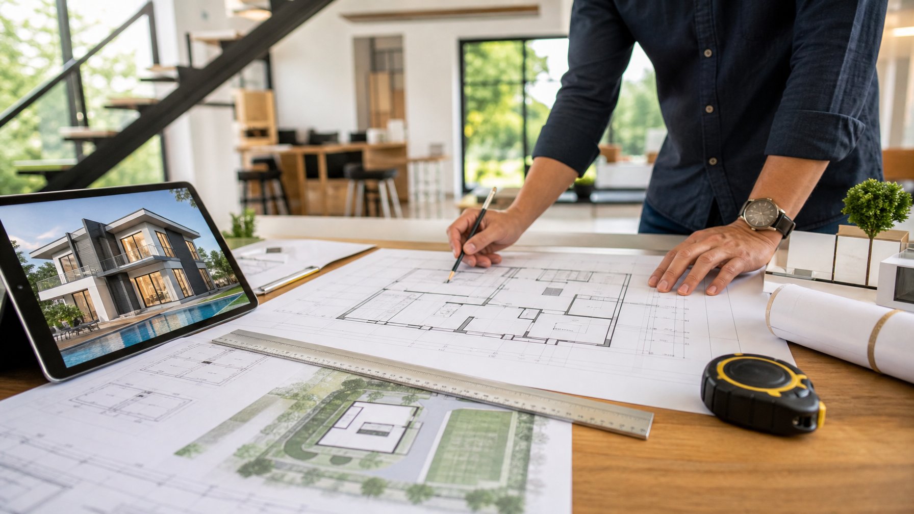 Orang sedang merencanakan desain rumah modern dengan denah dan alat ukur di atas meja kayu dalam ruangan terang.