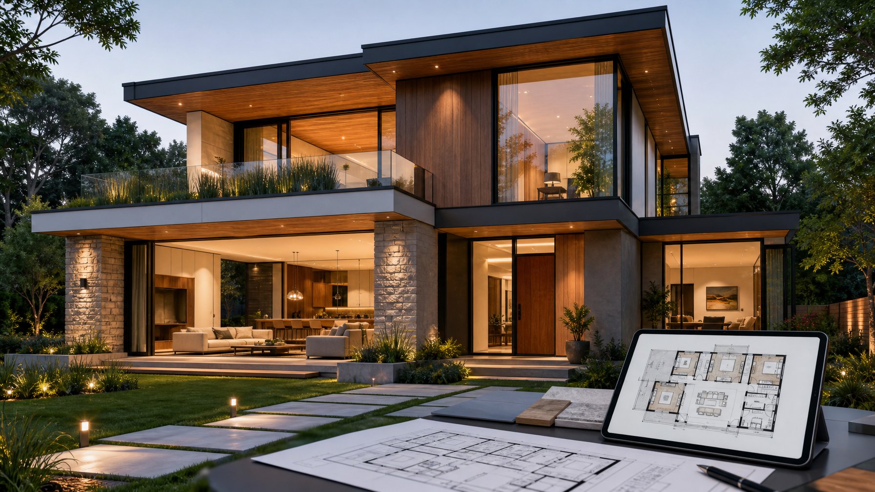 Rumah modern dengan fasad bergaya minimalis, jendela besar, dan taman hijau, terlihat juga ruang tamu terbuka dan denah rumah di meja.
