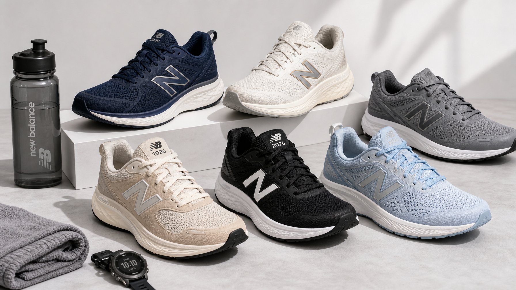 Beberapa sepatu New Balance 2026 dengan berbagai warna dan desain yang ditata rapi di atas meja dengan latar belakang terang dan beberapa perlengkapan olahraga di sekitar.