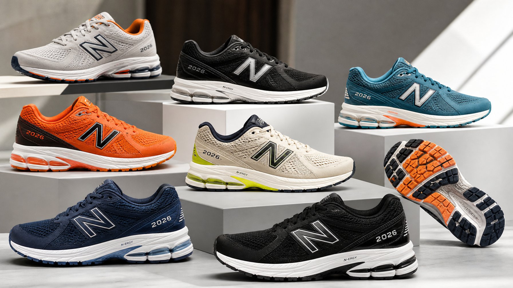 Beberapa pasang sepatu New Balance 2026 yang tersusun rapi, menunjukkan berbagai model untuk lari, gym, dan penggunaan sehari-hari.