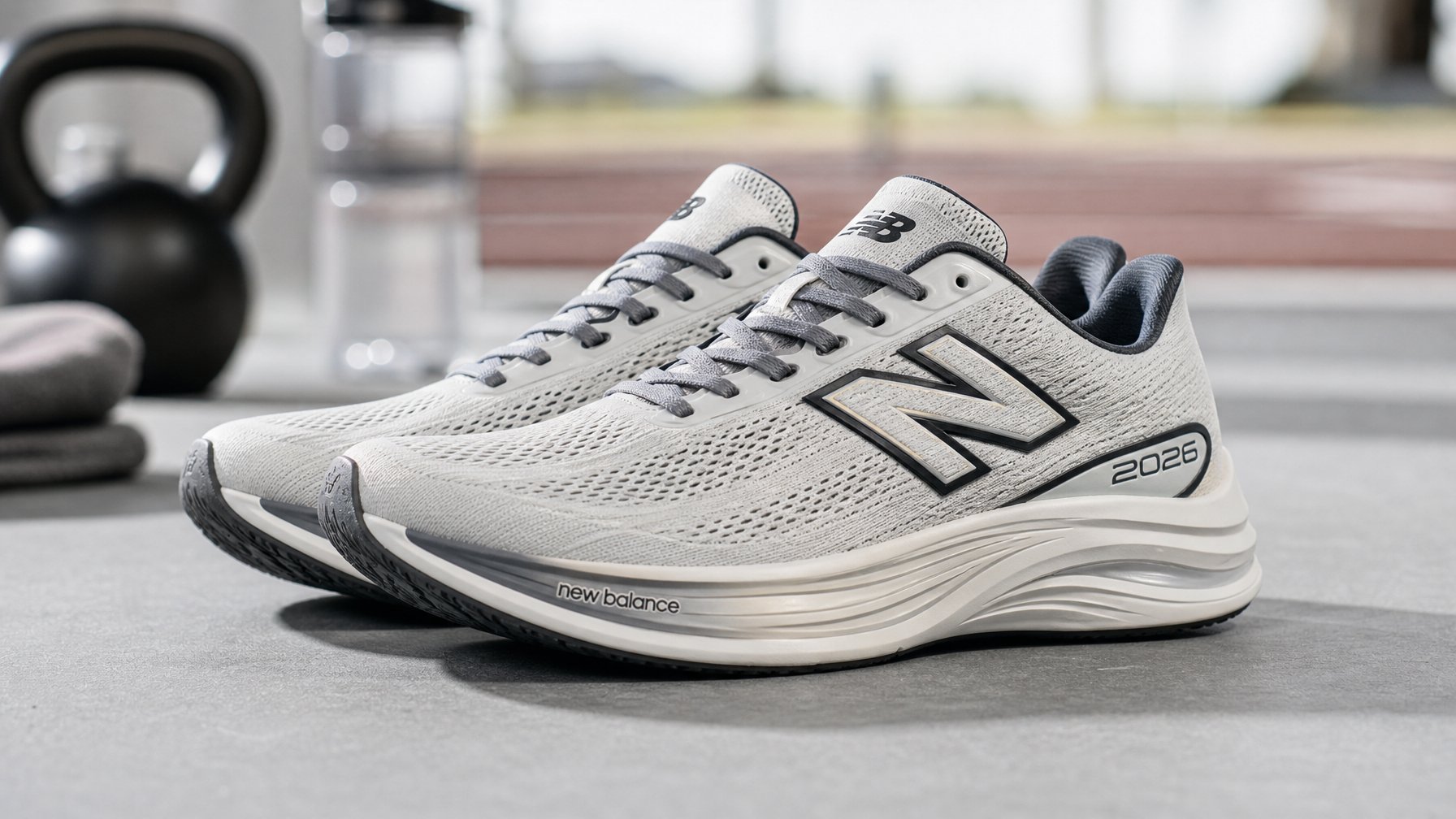 Sepasang sepatu New Balance 2026 diletakkan di permukaan bersih dengan latar belakang minimalis.