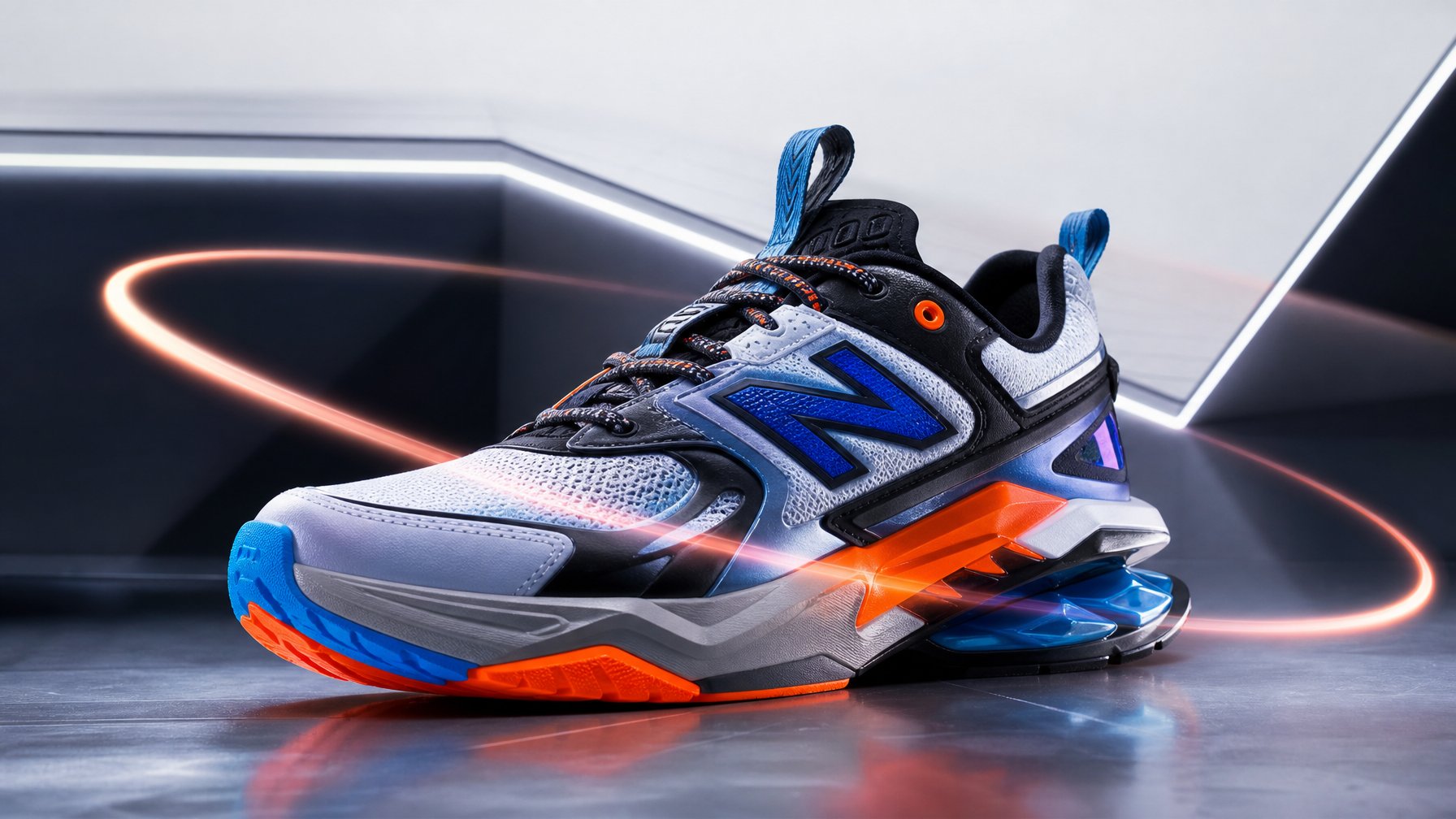 Sepatu New Balance model terbaru diletakkan di atas permukaan modern dengan pencahayaan lembut, menonjolkan desain dan bahan inovatif.