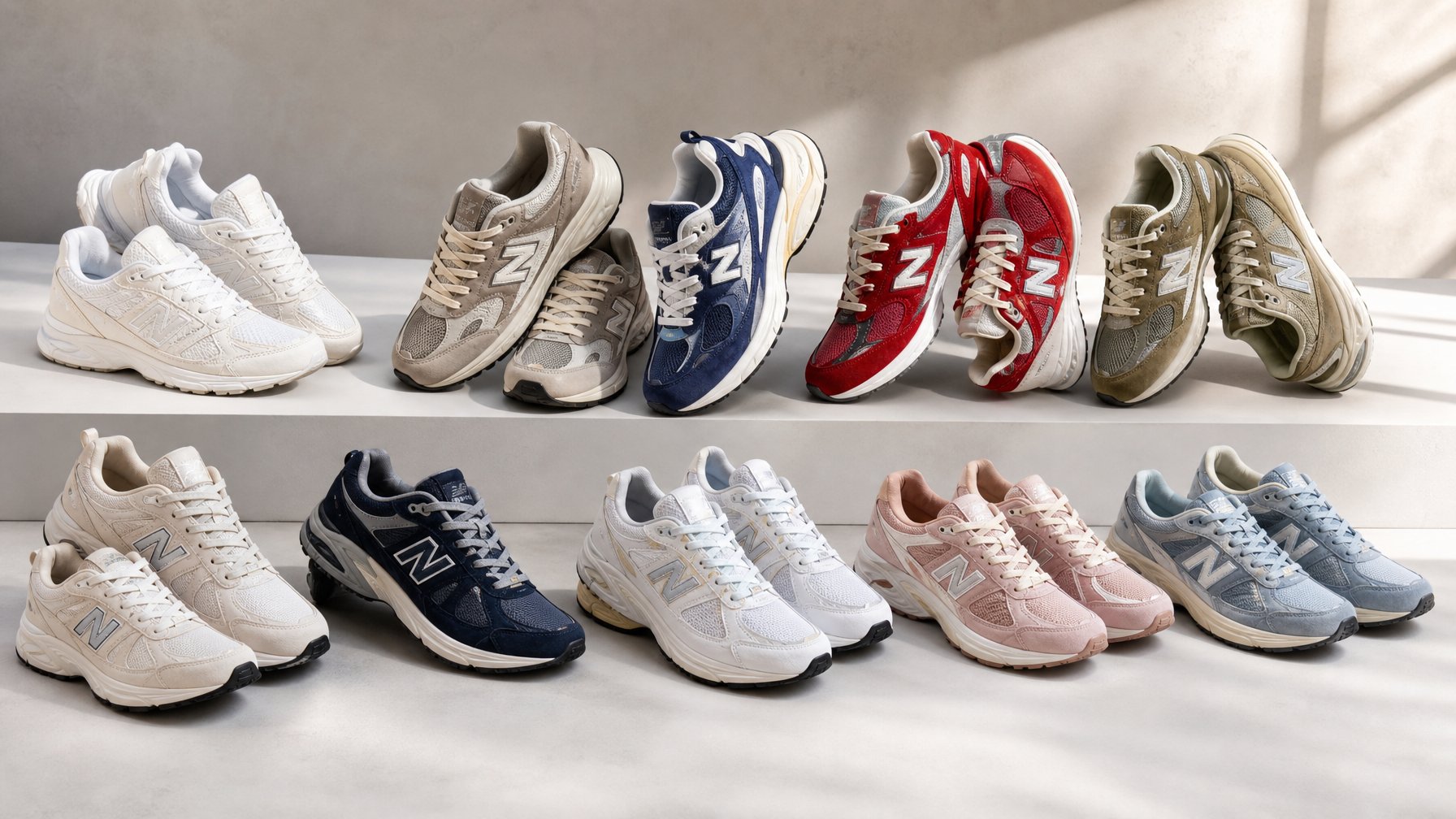 Sepuluh pasang sepatu New Balance pria dan wanita tersusun rapi di atas permukaan bersih dengan latar belakang minimalis.