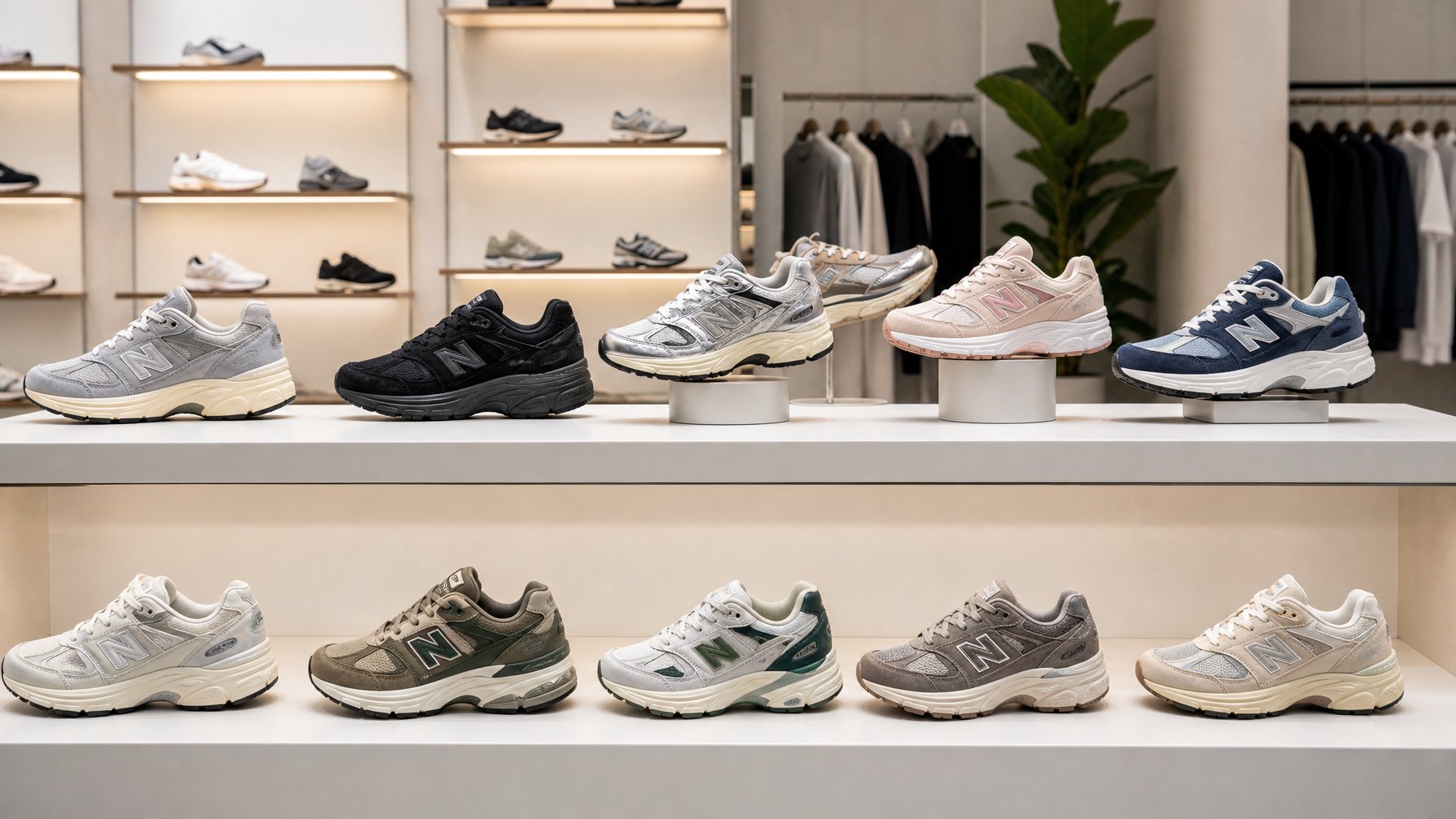 Deretan sepatu New Balance terbaru untuk pria dan wanita di rak toko yang rapi dan terang.