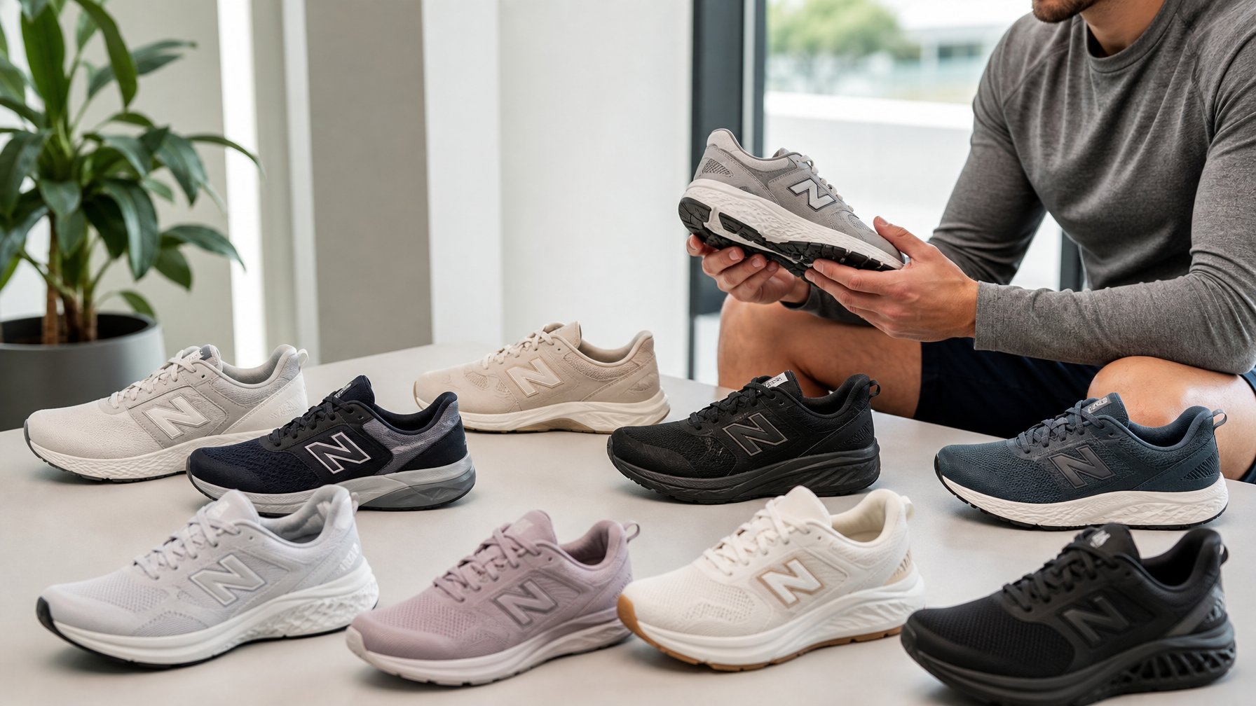 Seorang pria sedang memeriksa sepatu New Balance di atas meja dengan beberapa sepatu lain tertata rapi di sekitarnya.
