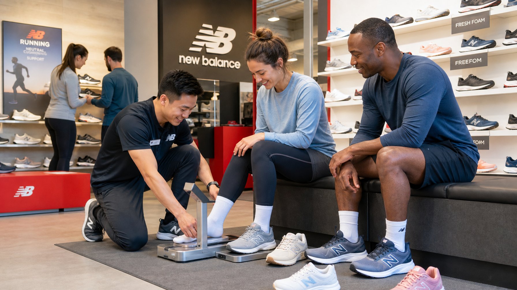 Beberapa orang sedang mencoba dan mengukur sepatu New Balance di toko sepatu dengan bantuan seorang ahli fitting.