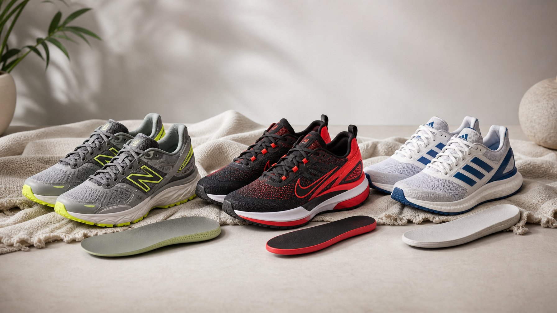 Tiga pasang sepatu olahraga dari New Balance, Nike, dan Adidas yang disusun berdampingan untuk perbandingan kenyamanan.