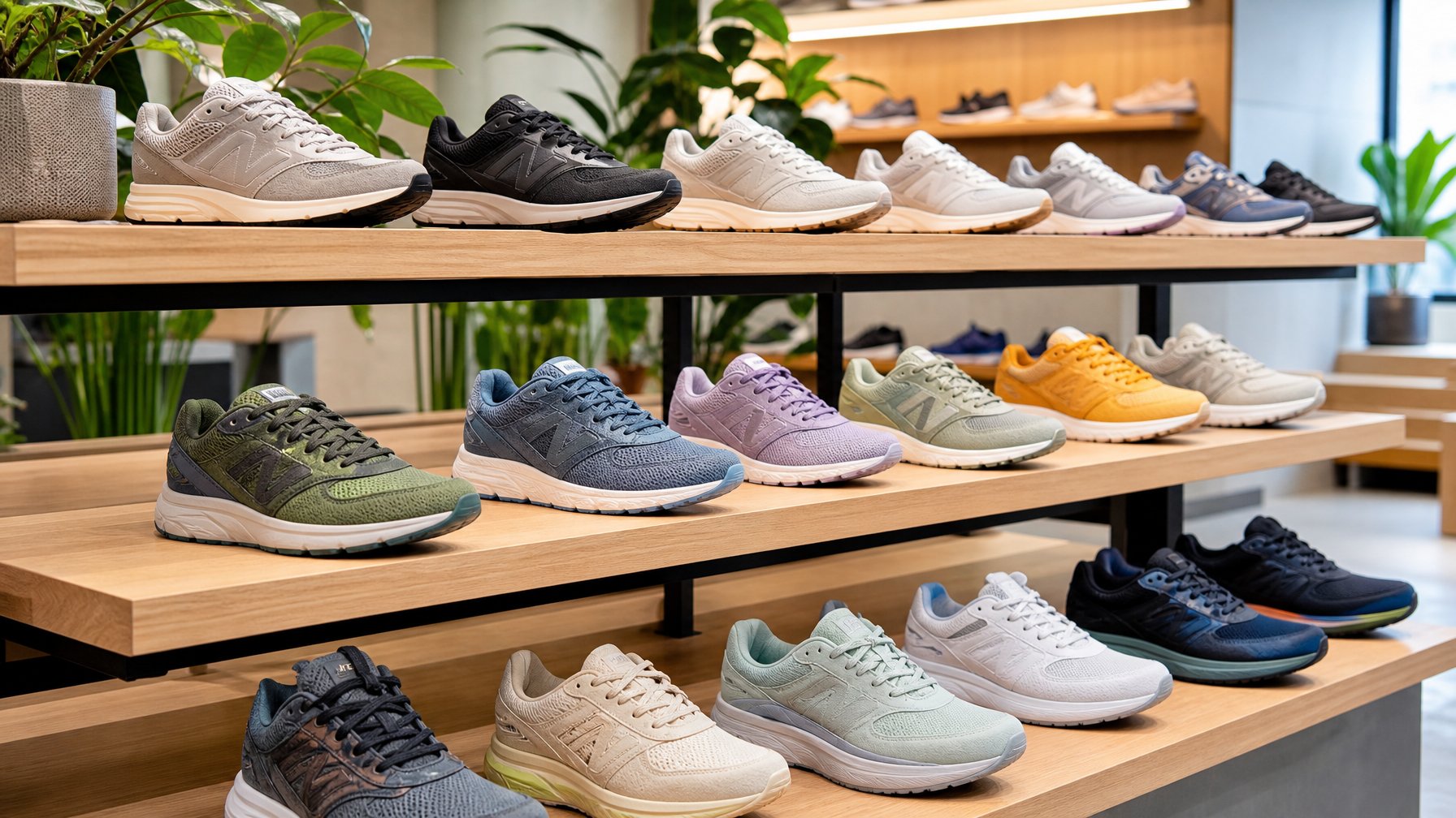 Berbagai sepatu New Balance terbaru tahun 2026 ditampilkan rapi di rak toko olahraga modern dengan pencahayaan alami dan latar belakang minimalis.