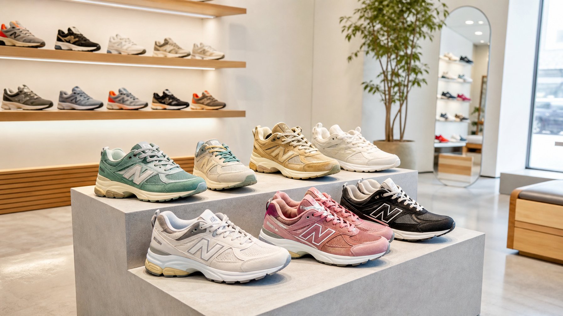 Deretan sepatu New Balance terbaru tahun 2026 yang tersusun rapi di rak dalam toko sepatu modern.