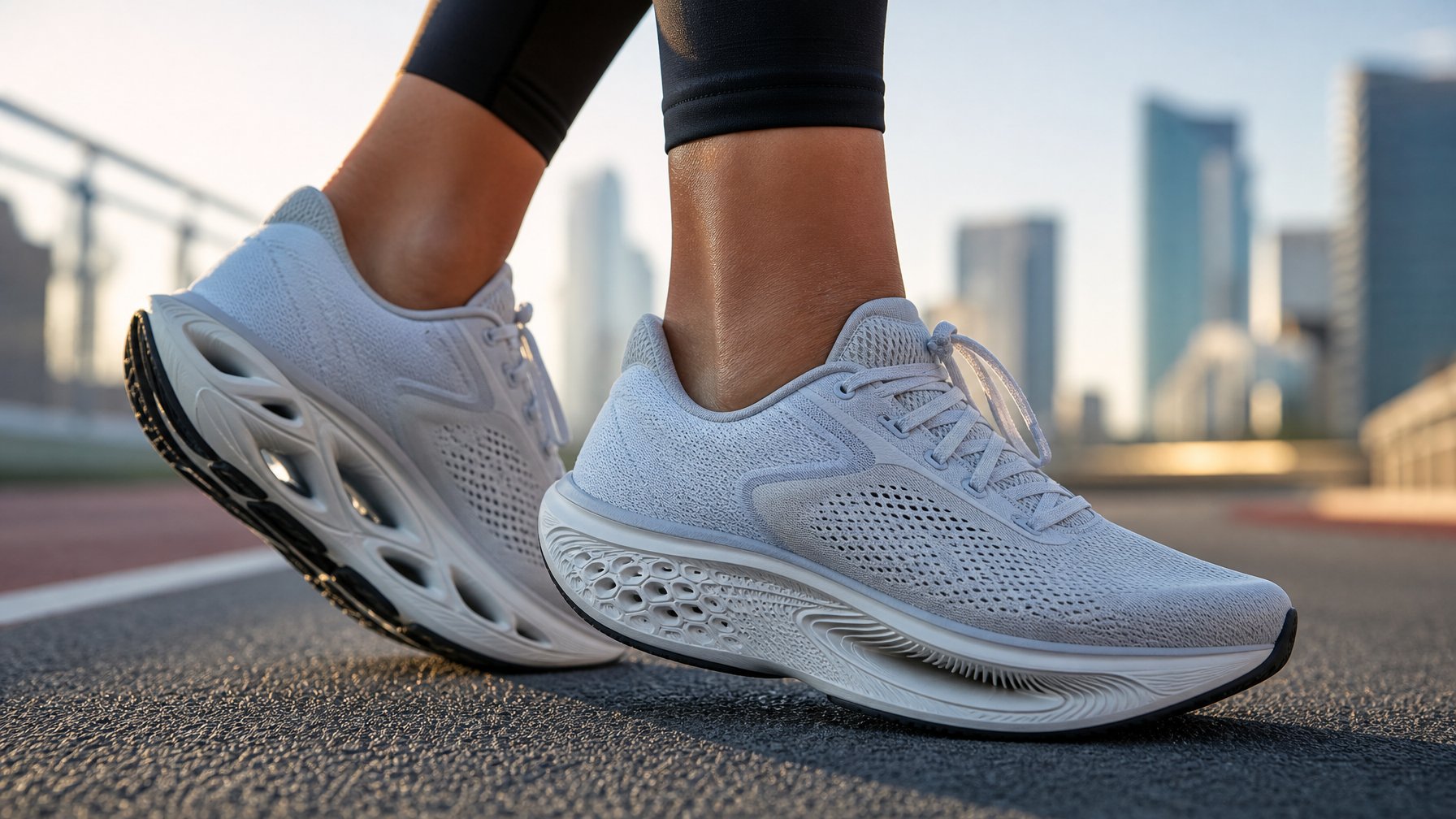 Sepasang sepatu lari New Balance terbaru dengan desain teknologi canggih diletakkan di lintasan lari perkotaan dengan latar belakang kota pada pagi hari.