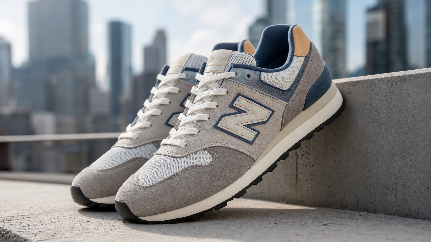 Sepasang sepatu New Balance yang modern dan stylish diletakkan di atas permukaan bersih dengan latar belakang kota yang samar.