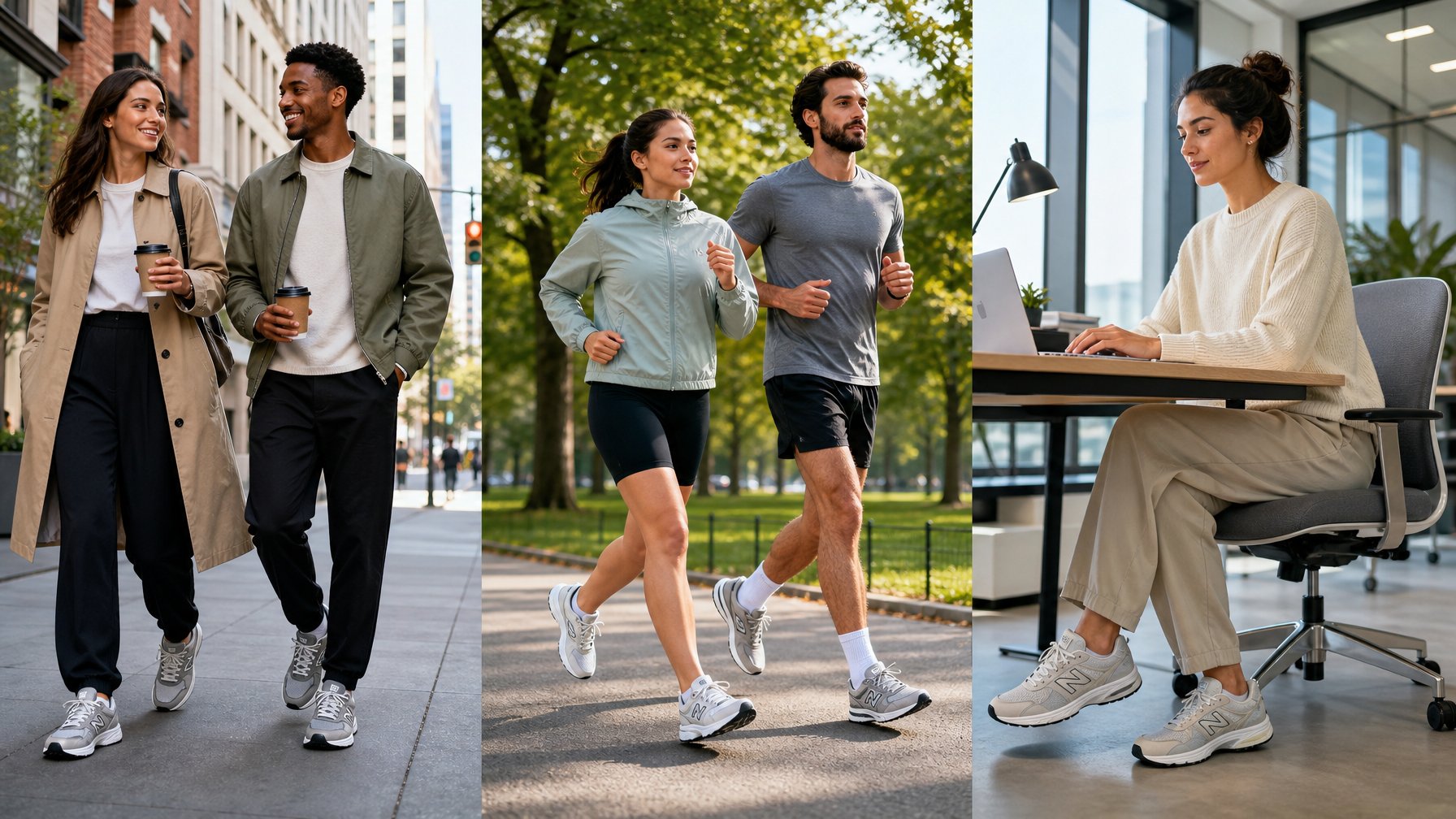 Sekelompok orang memakai sepatu New Balance 2026 sedang berjalan di trotoar kota, berlari di taman, dan bekerja di kantor modern.