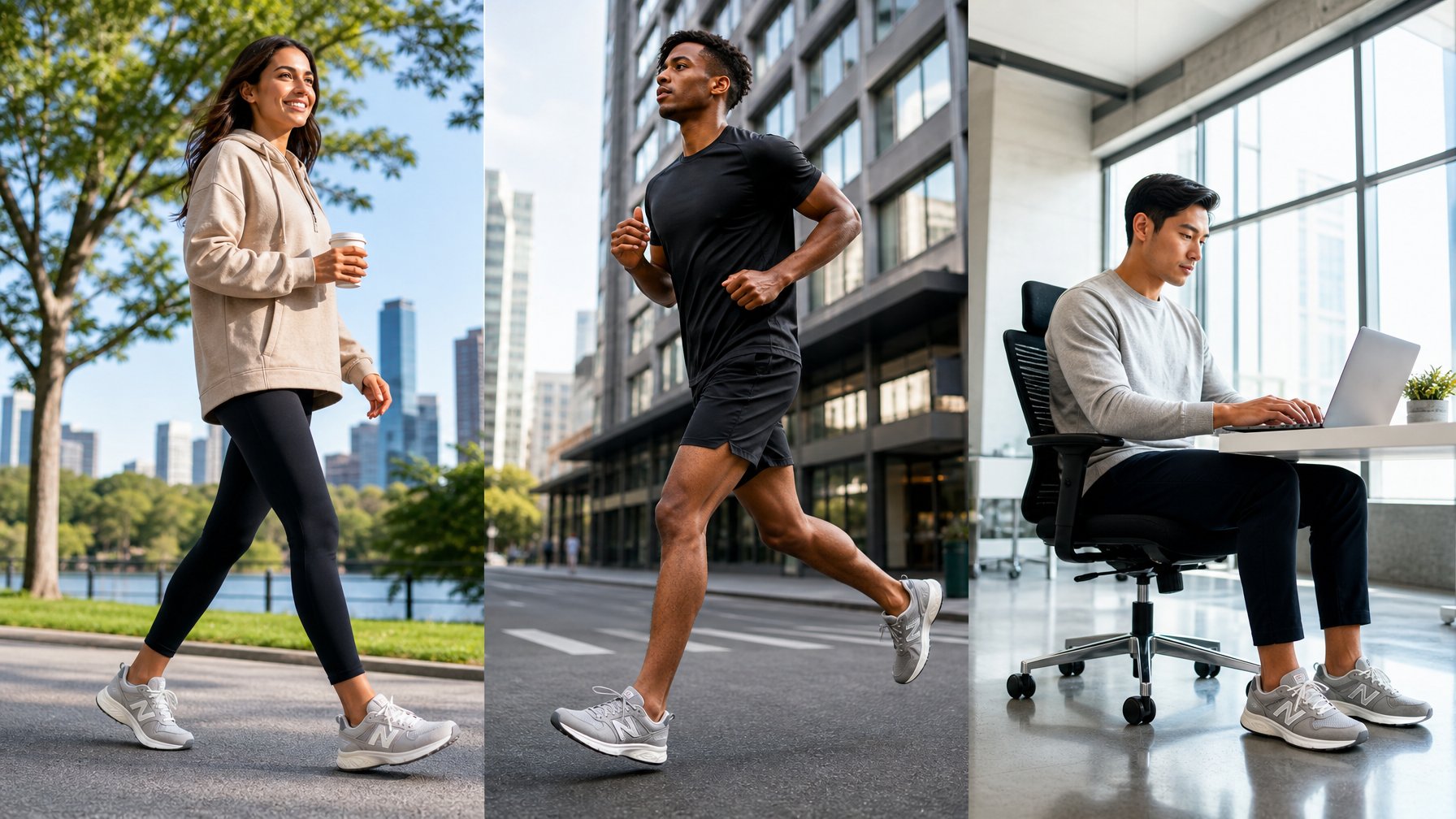 Beberapa orang memakai sepatu New Balance 2026 sedang berjalan, berlari, dan bekerja di kantor.