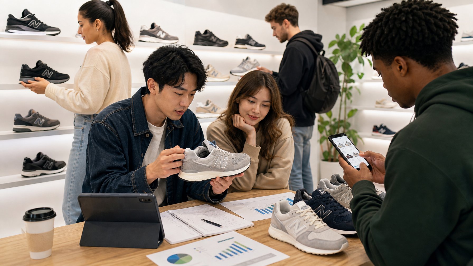 Beberapa orang sedang memilih dan membandingkan sepatu New Balance di dalam toko dengan suasana terang dan modern.