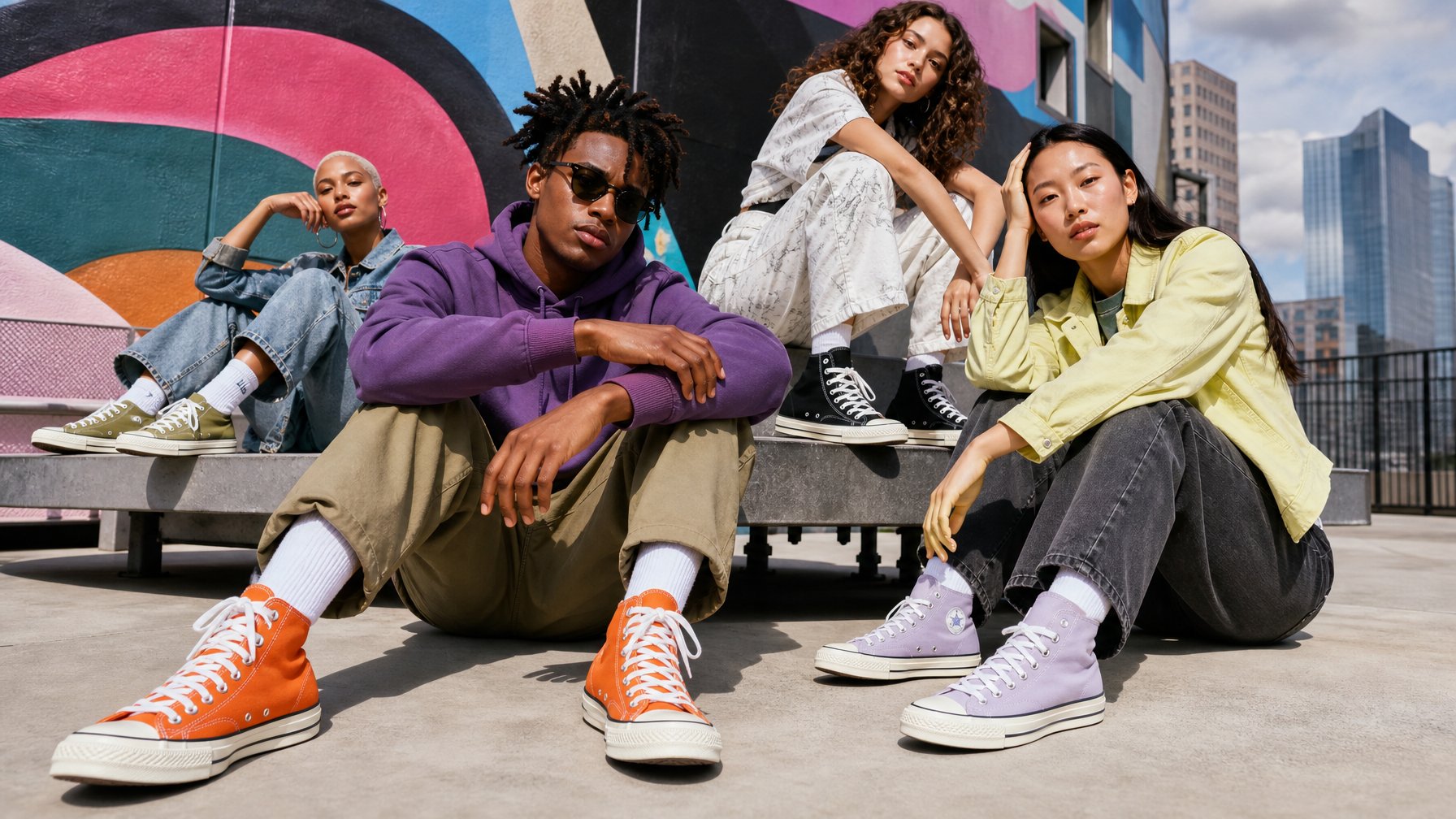 Sekelompok orang muda memakai berbagai model sepatu Converse terbaru di lingkungan perkotaan dengan latar belakang arsitektur modern dan seni jalanan.