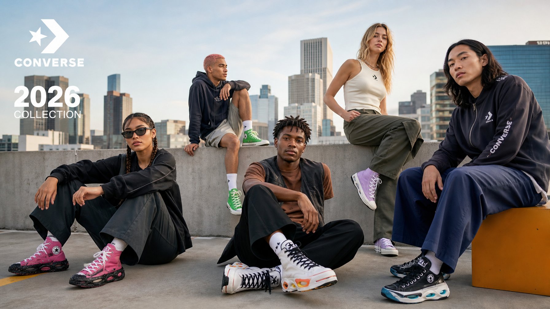 Sekelompok orang muda mengenakan sepatu Converse terbaru di latar kota modern.