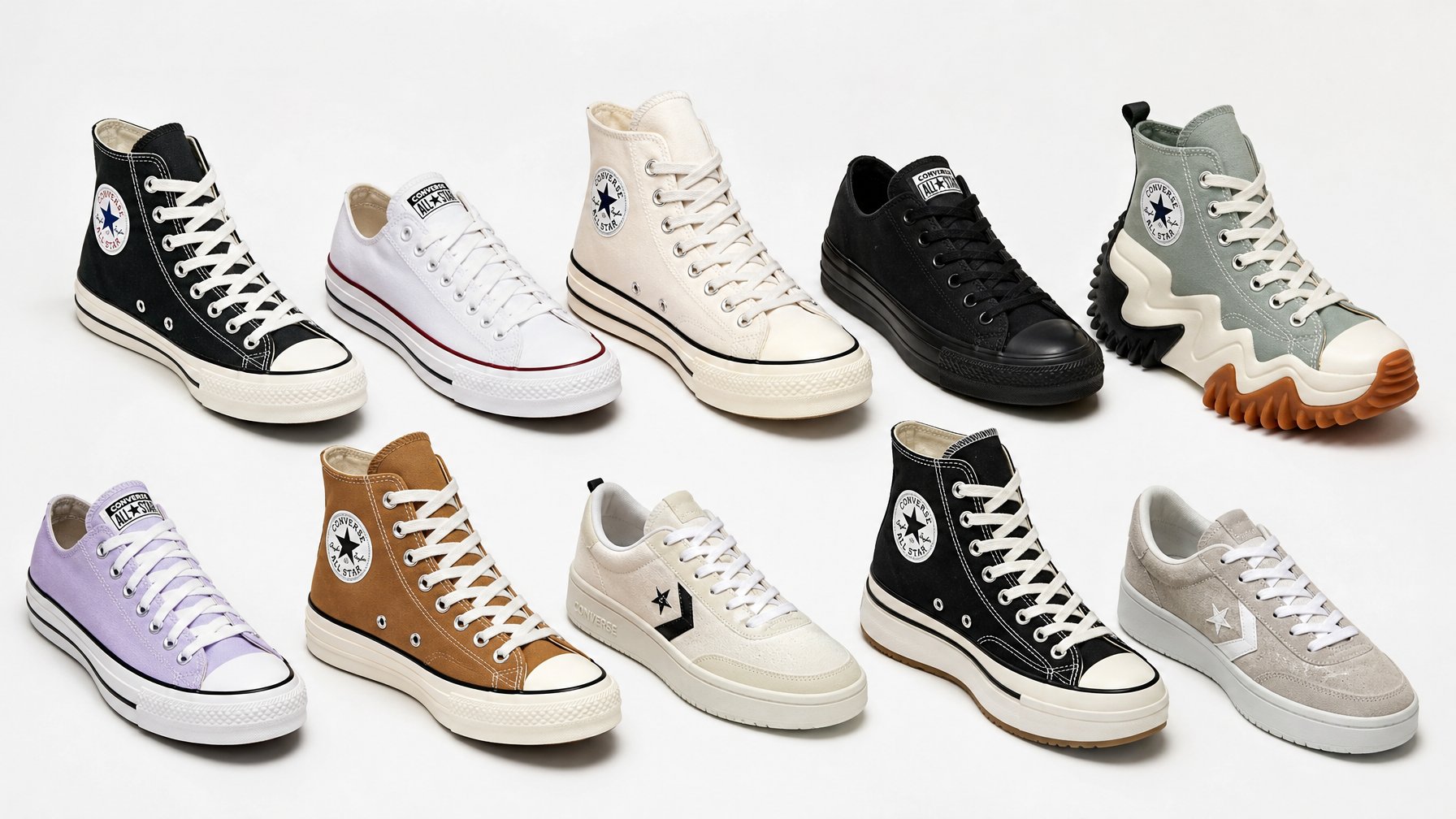 Sepuluh model sepatu Converse terbaru 2026 ditata rapi di atas latar putih bersih.