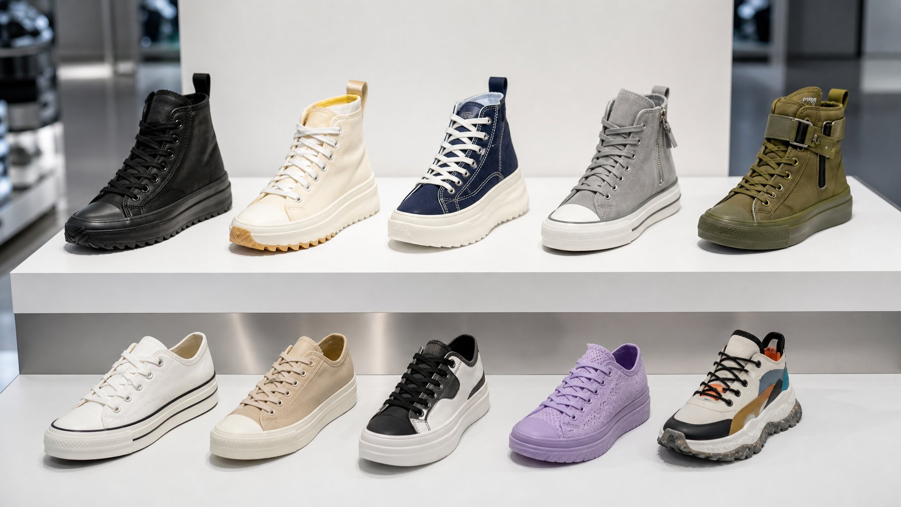 Sepuluh pasang sepatu Converse terbaru tahun 2026 ditampilkan rapi di rak putih dalam ruangan yang terang.