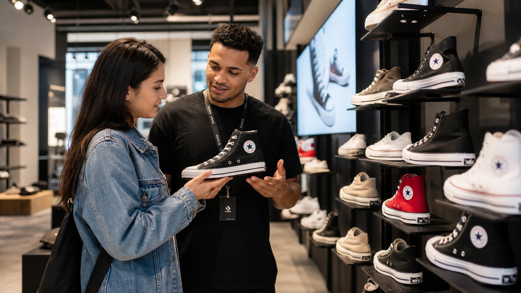 Seorang pelanggan sedang memeriksa sepatu Converse di dalam toko sepatu yang rapi dan terang dengan asisten toko yang membantu.