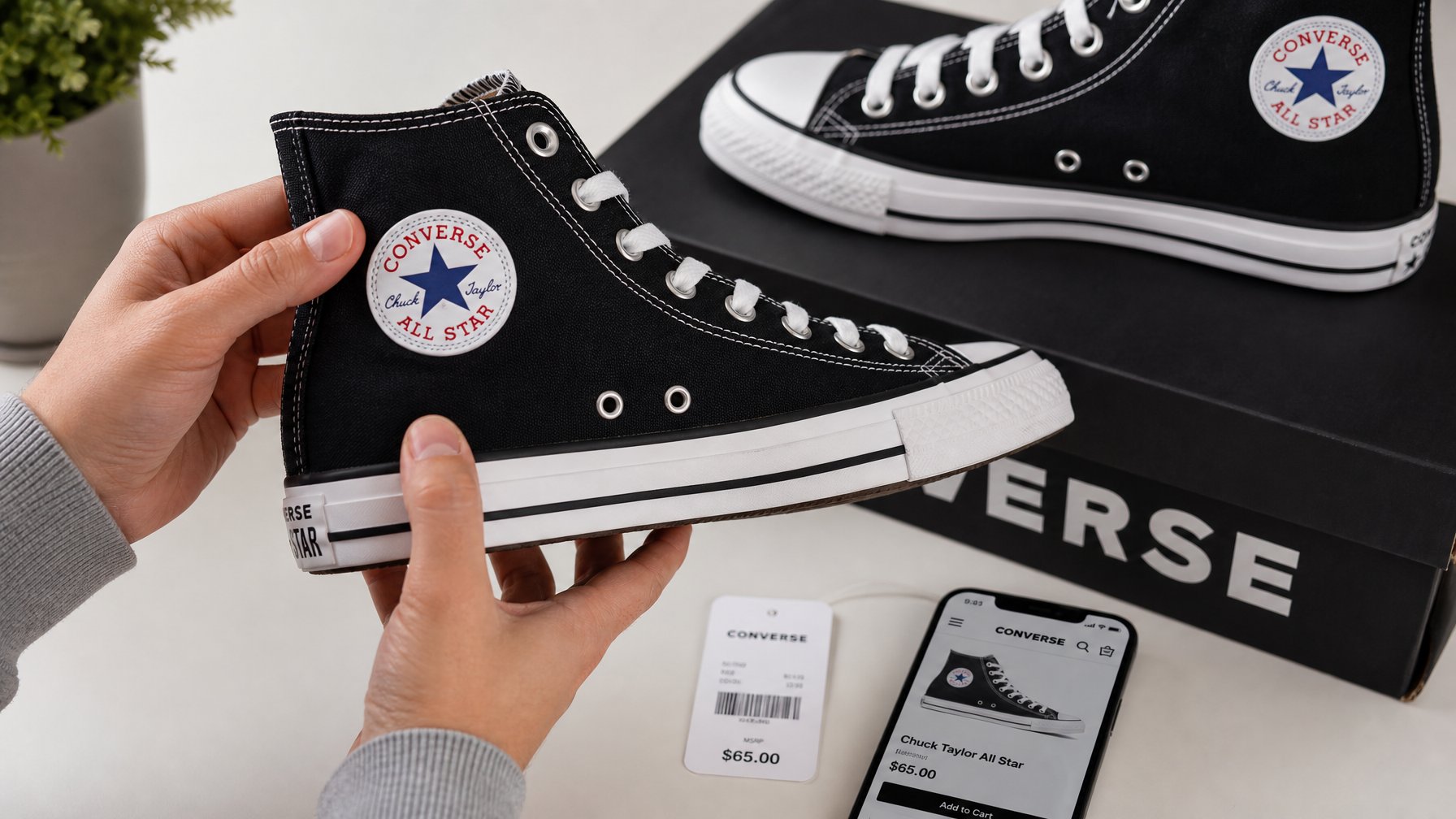 Tangan seseorang sedang memeriksa sepatu Converse dengan latar belakang bersih dan terang.