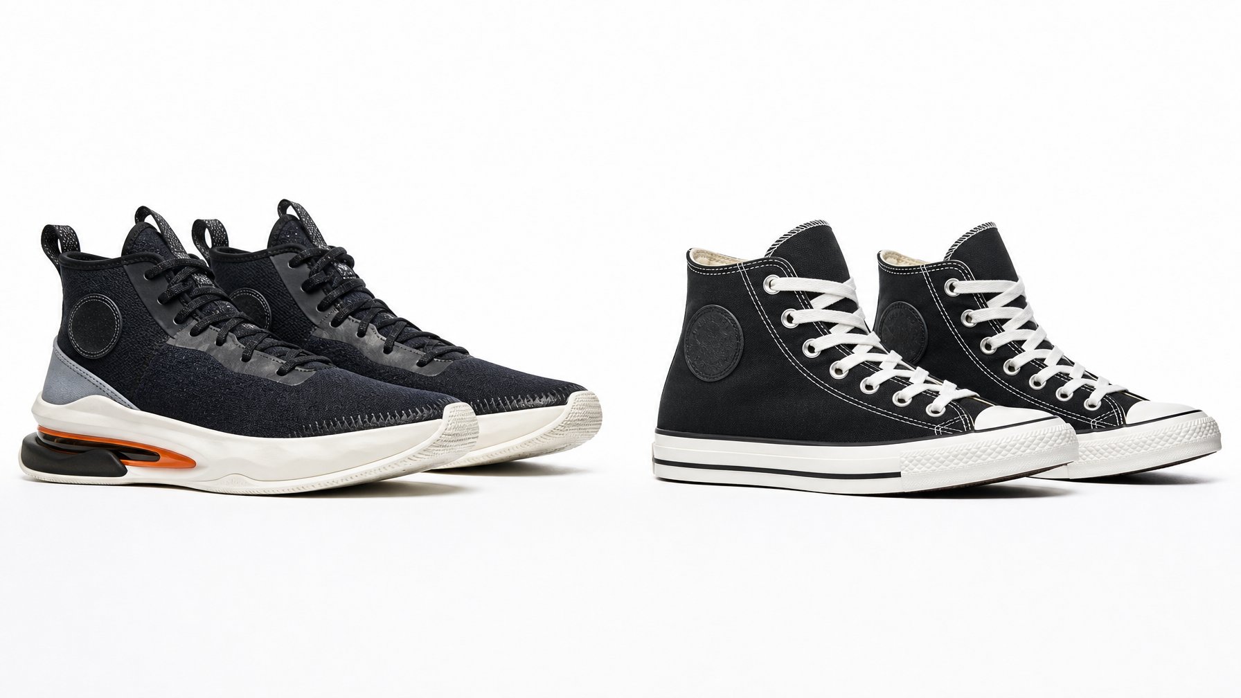 Dua pasang sepatu Converse berdampingan di latar putih, satu model terbaru dan satu model sebelumnya, menunjukkan perbedaan desain.