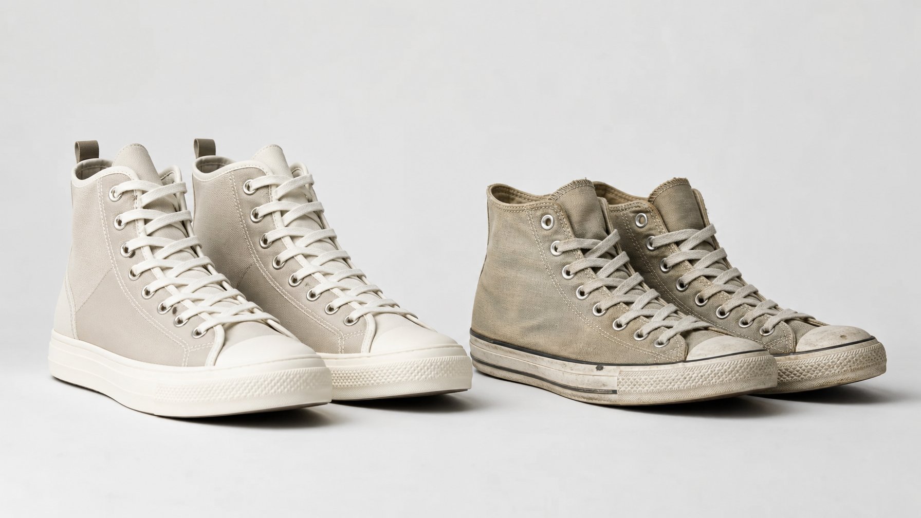Dua pasang sepatu Converse berdampingan, satu model terbaru dan satu model lama, ditampilkan di atas latar belakang netral.