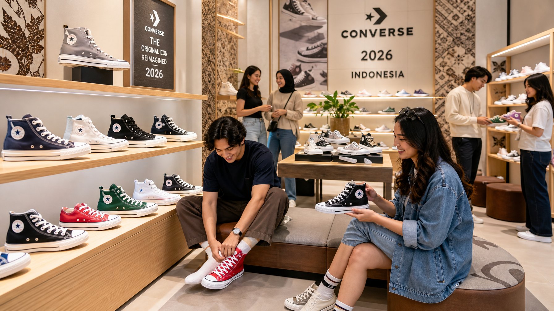 Beberapa orang muda sedang mencoba dan melihat sepatu Converse terbaru tahun 2026 yang dipajang di rak di dalam toko.