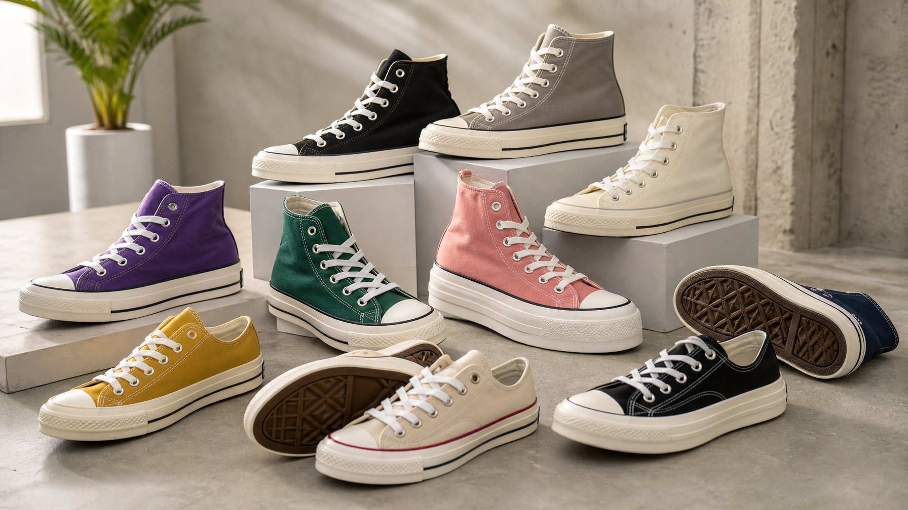 Beberapa pasang sepatu Converse terbaru tahun 2026 dengan berbagai warna dan desain ditata rapi di atas permukaan bersih.