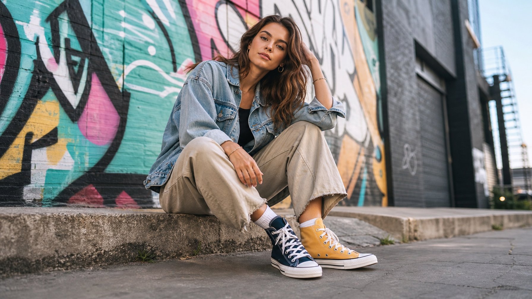 Seorang muda bergaya mengenakan sepatu Converse berbeda warna di setiap kaki di latar kota yang hidup.