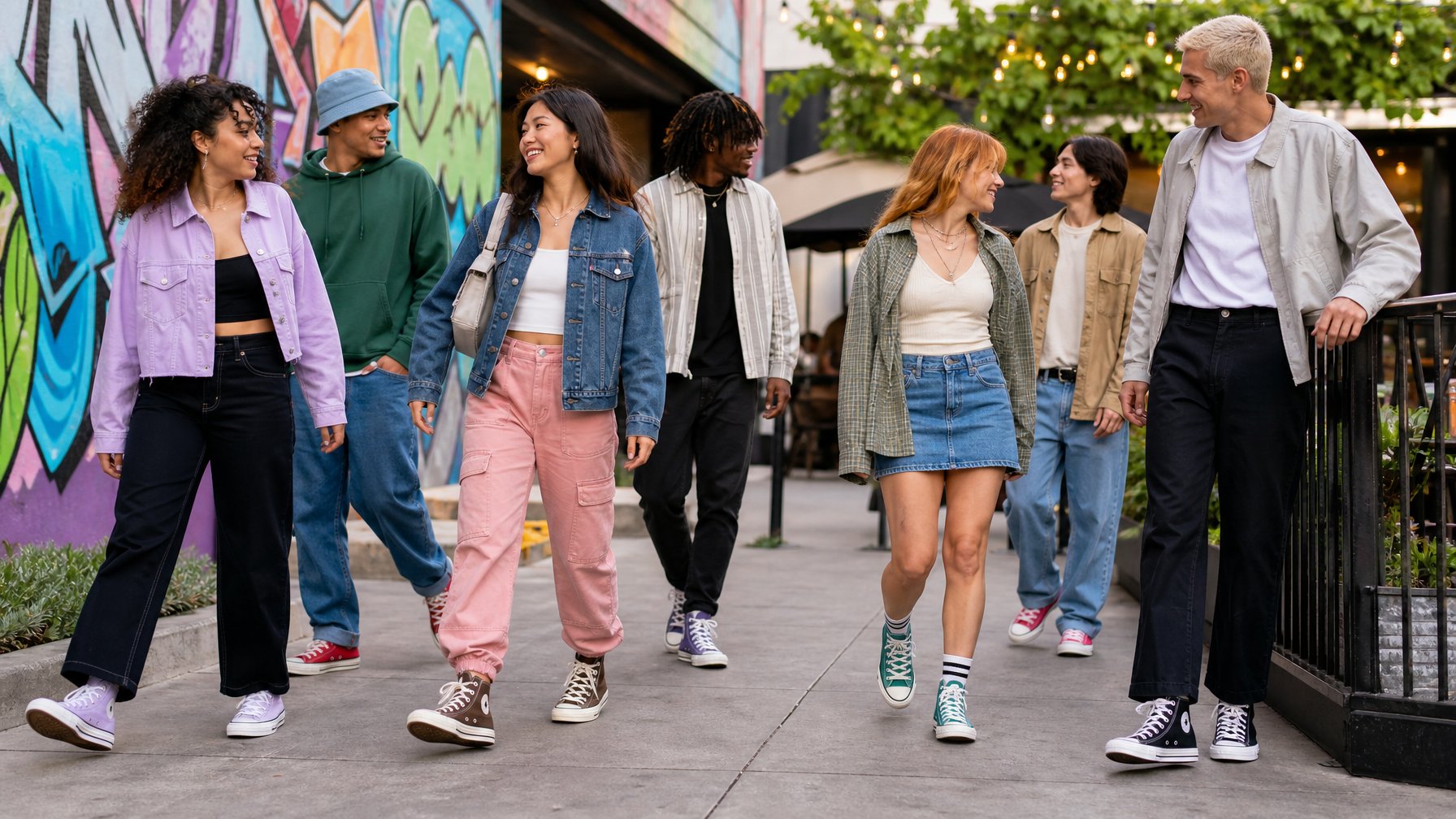Sekelompok orang muda memakai berbagai model sepatu Converse sedang berjalan dan berinteraksi di area perkotaan yang modern.