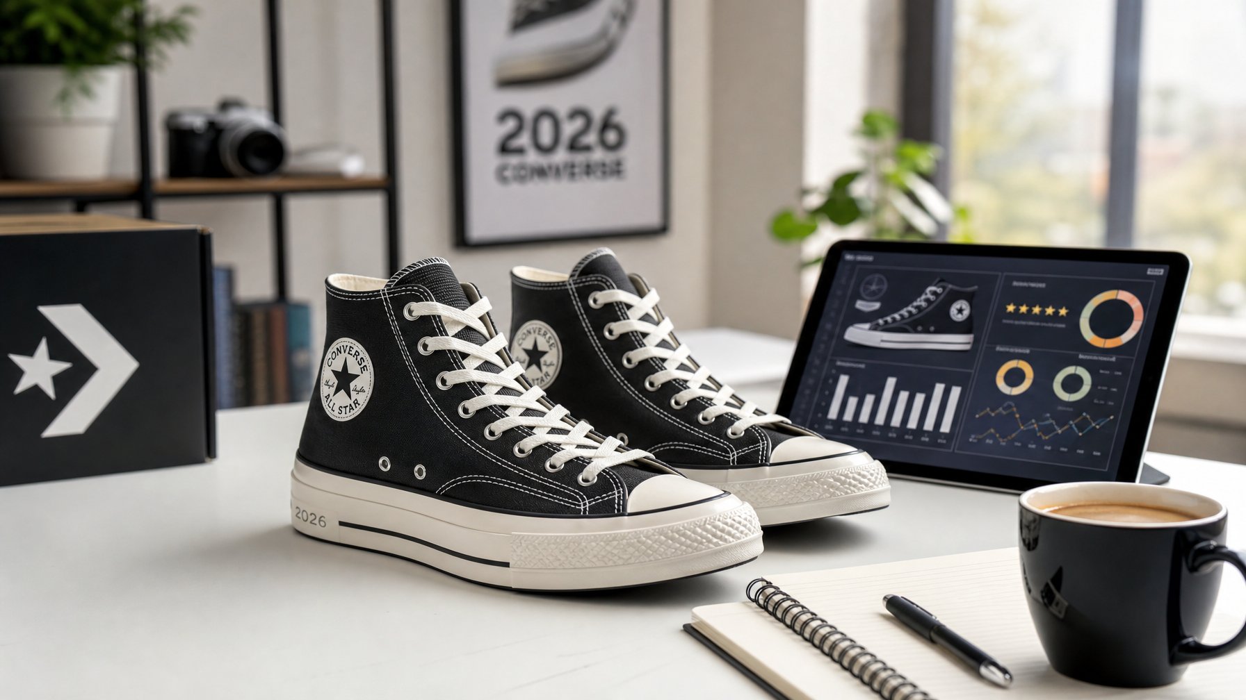 Sepasang sepatu Converse terbaru diletakkan di atas meja putih dengan tablet, buku catatan, dan cangkir kopi di sekitarnya dalam ruangan terang.