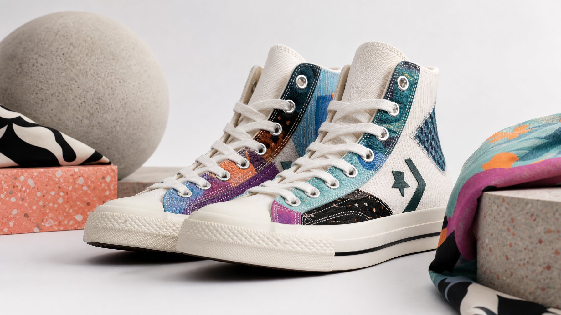 Sepasang sepatu Converse terbaru tahun 2026 dengan warna cerah dan desain modern, diletakkan di atas latar belakang netral.