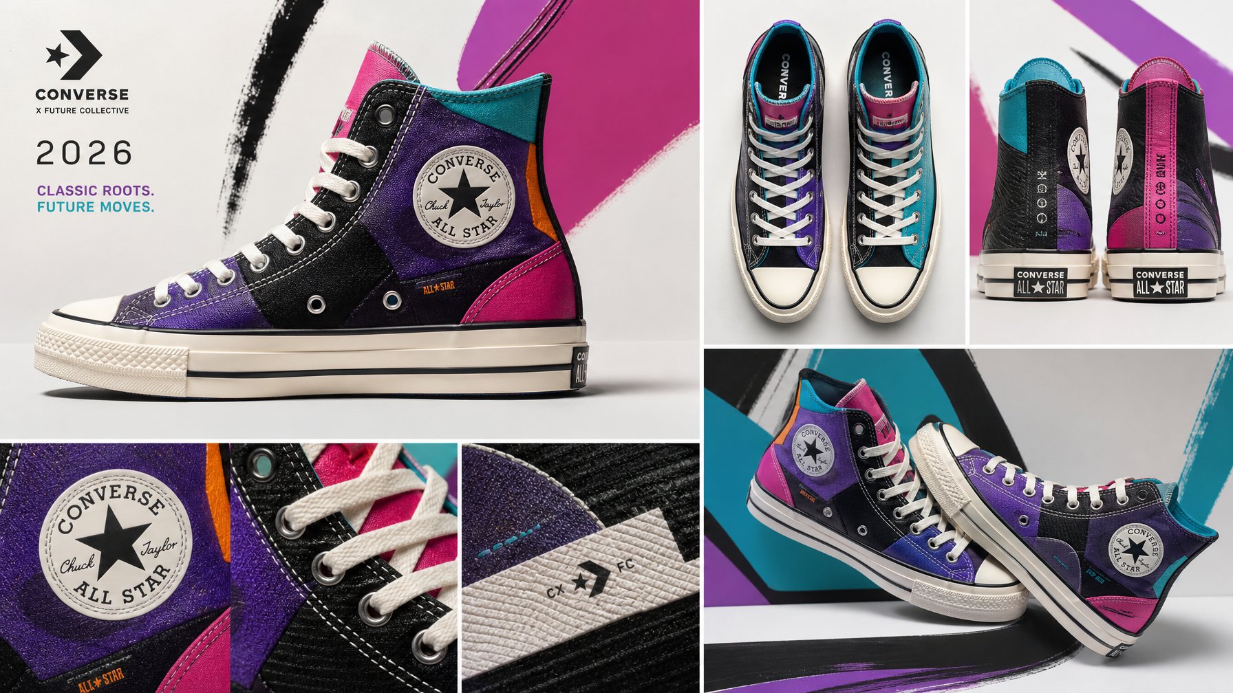Sepasang sepatu Converse terbaru dengan warna-warna cerah dan desain inovatif ditampilkan di latar belakang minimalis.
