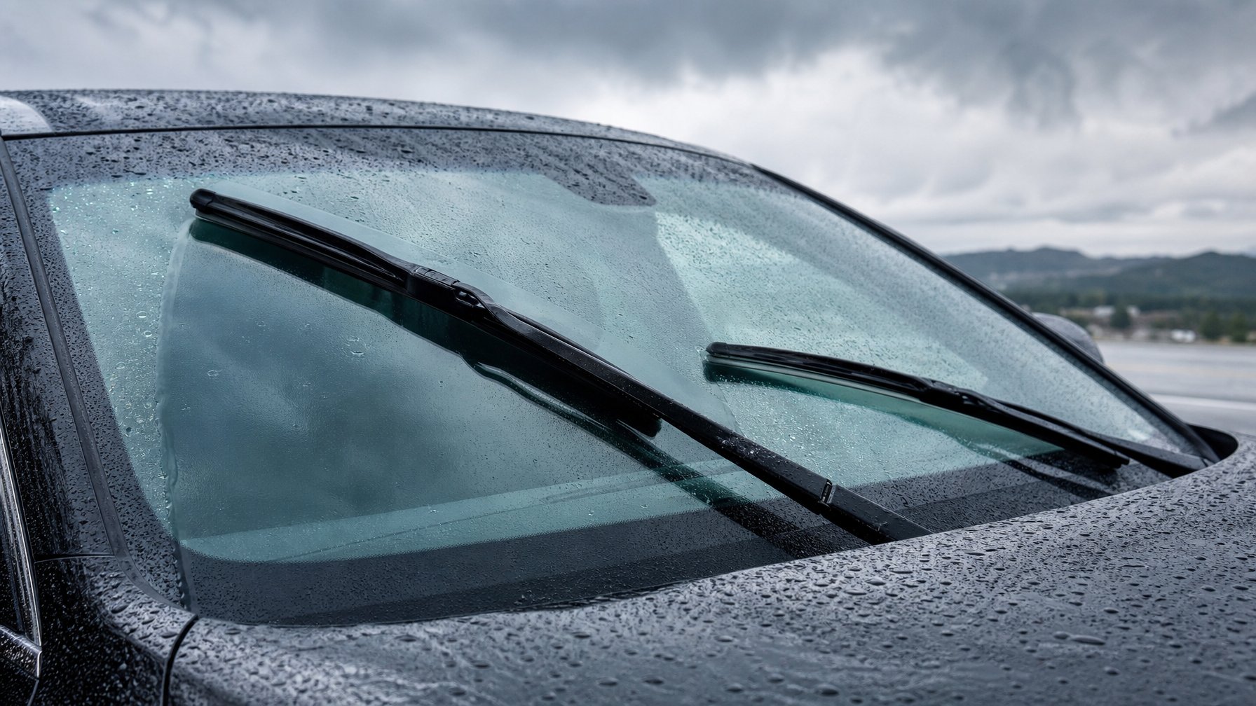 Mobil modern dengan wiper kaca depan yang sedang membersihkan air hujan di hari mendung.